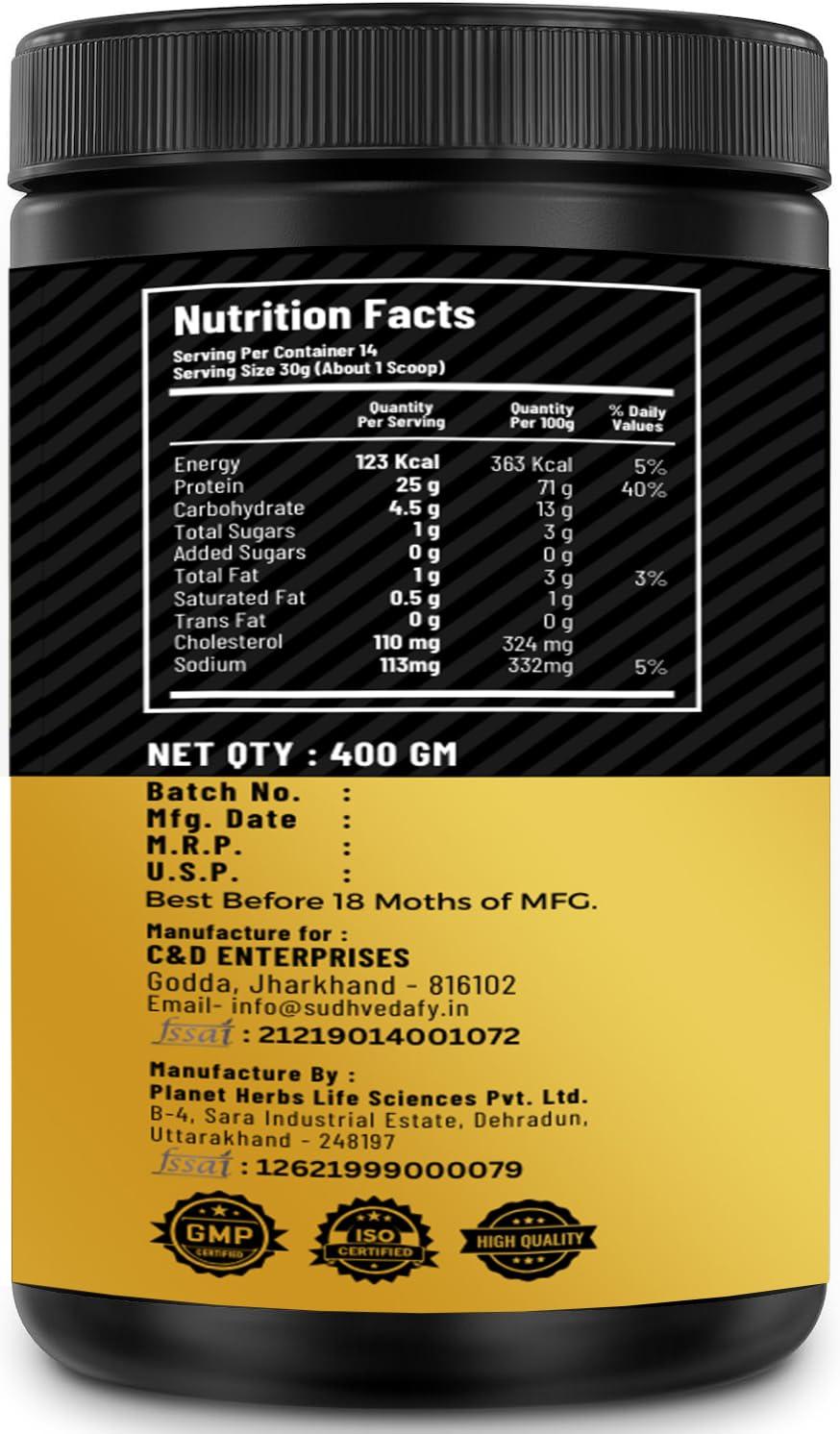 Sudh Vedafy Sudh Vedafy Whey Protein Powder for Muscle Support & Recovery, Vegetarian - Primary Source Whey Isolate I Kesar Kulfi I 400g (1.101 lbs) 14 Serves