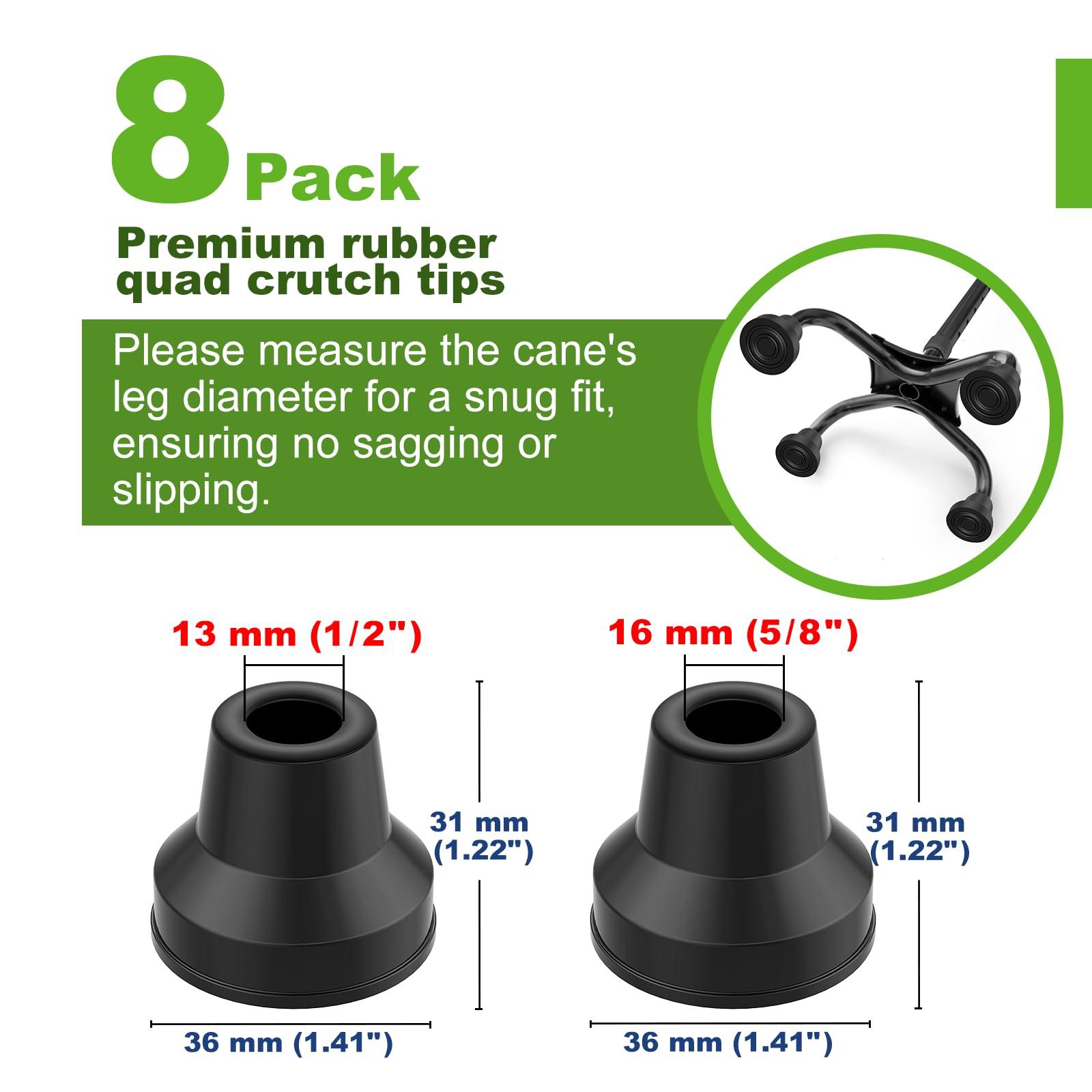 MFE MFE Quad Crutch Tips, 8pcs 13 mm Non-Slip Rubber Walking Cane Tips Replacement Rubber Cane Crutch Feet for 1/2 Inch Diameter Standard Walking and Standing Stick Accessory, Black