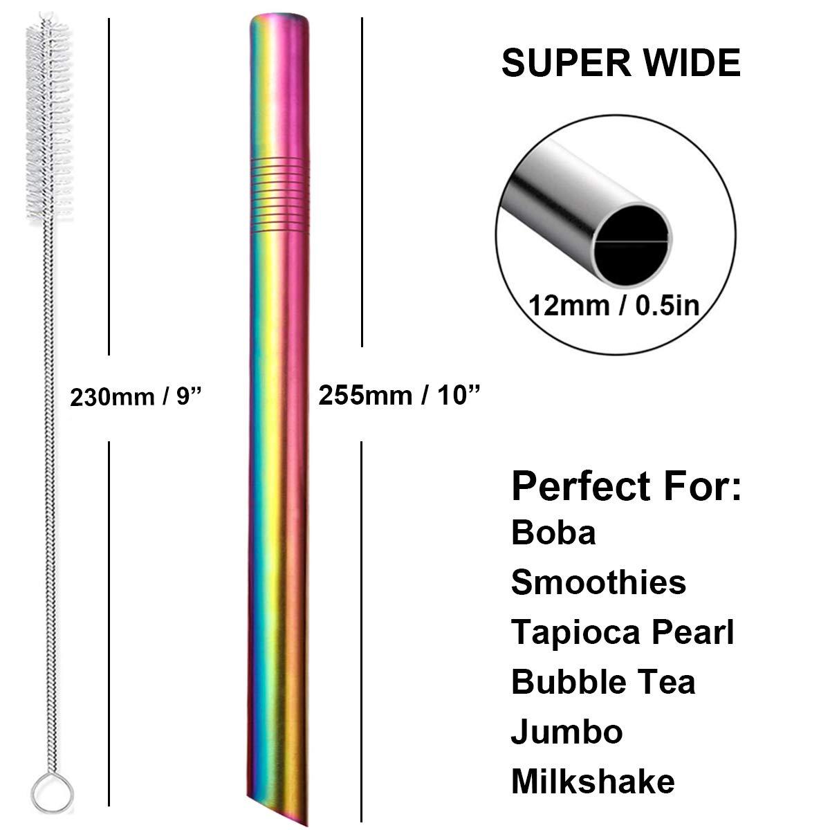 morneve Reusable Boba Straws Smoothie Straws Metal Stainless Steel Straws Angled Tips Fat 0.5\" Wide for Jumbo Bubble Tea Milkshakes Milk Tea Tapioca Pearl With Silicone Tips Carry Bag Cleaning Brush 2 Pcs 10\"