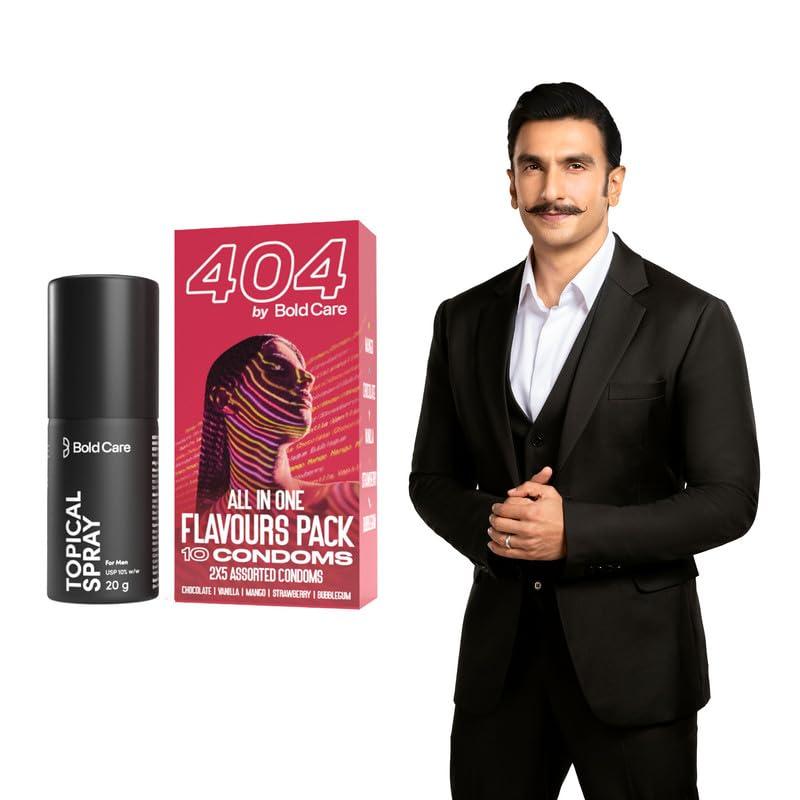 Bold Care Bold Care Topical Non-Transferable Spray for Men (Pack of 1) + Bold Care 404 All-In-One Multi-Flavour Condoms Pack - 2 x 5 Assorted condoms in each pack - (Pack of 10) - Combo