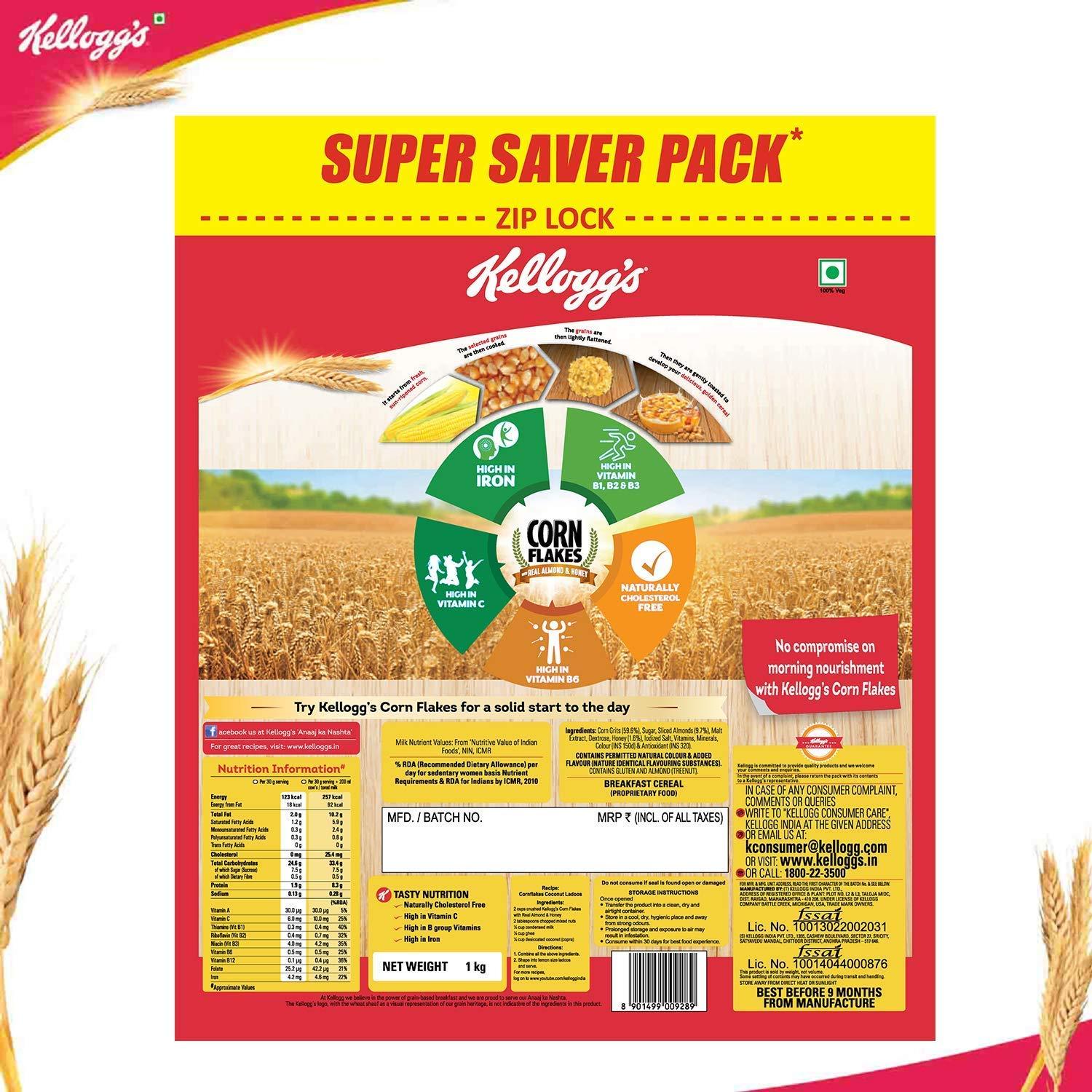 Kellogg's Kellogg\'s Combo, Corn Flakes Real Almond And Honey, 1 Kg And Kellogg\'S Muesli With 20% Nuts Delight Pouch, 750 G