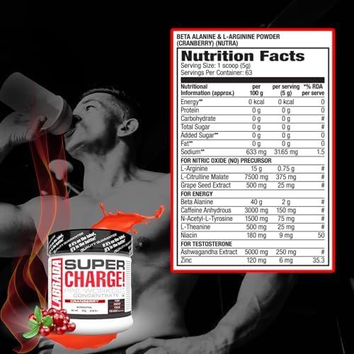 Labrada Labrada Super Charge Pre-Workout 315g, Cranberry (63 Servings | 0.75 L-Arginine | 375mg L-Citrulline Malate | 2g Beta Alanine | 150mg Caffeine Anhydrous | 250mg Ashwagandha Extract)