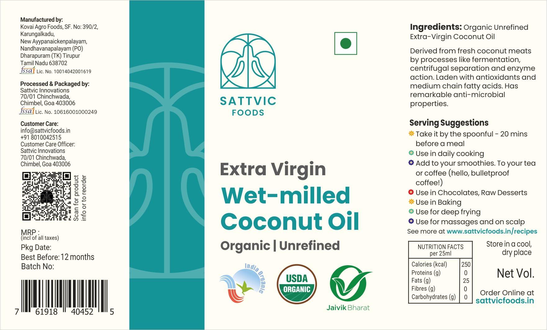 Sattvic Foods Sattvic Foods Wet-Milled Extra Virgin Coconut Oil (1 ltr) Nariyal ka Tel | Cold-Pressed & Certified Organic | Raw and Unrefined | Glass Bottle | Use in Cooking, Frying, Baking, Oil-Pulling