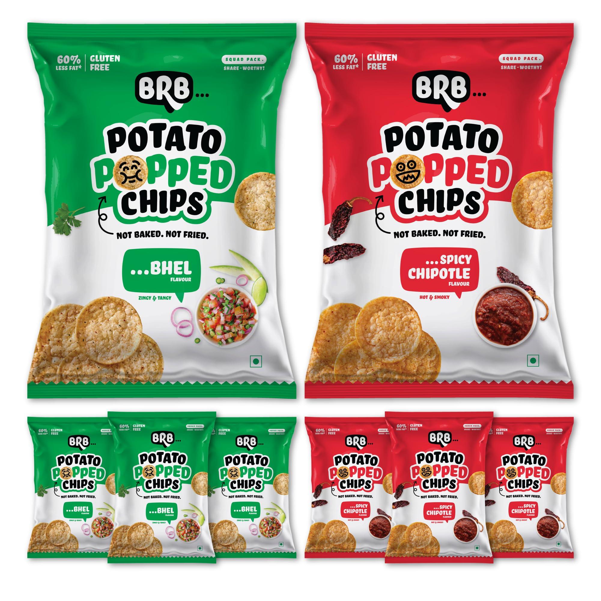 BRB BRB Popped Potato Chips | Not Baked, Not Fried | 8 Packs X 52 Grams | 2 Flavours - Bhel (4) & Sweet Chipotle (4) | 60% Less Fat | Low Calorie | Healthy Snack