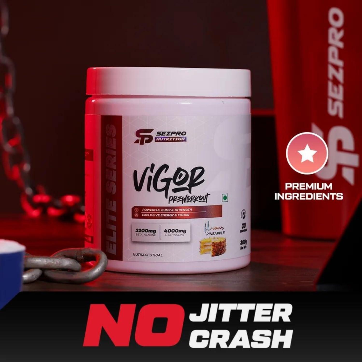 Sezpro Nutrition Sezpro Nutrition Vigor Pre Workout | 300gm | 30 Servings | 300mg Caffeine | 200mg Theanine | 3200mg Beta Alanine | 4000mg Citrulline | Powerful Pump & Strength | Explosive Energy & Focus (Watermelon)