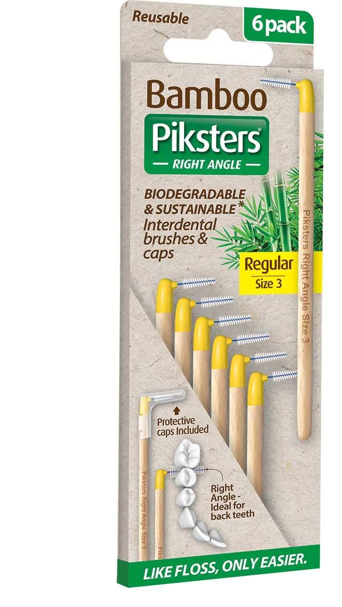 Piksters Bamboo Piksters Interdental Brushes | Sizes 00-5 | Right Angle Handle | 6 Pack (6 Pack, Size 3 Yellow)