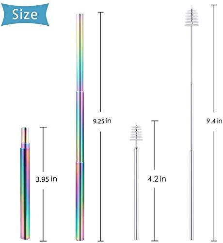 IKTU Iktu Telescopic Reusable Straws, Portable Stainless Steel Drinking Straw with Cleaning Brush and Storage Case, Folding Metal Straw for Travel, Home and Office (Silver + Rainbow)