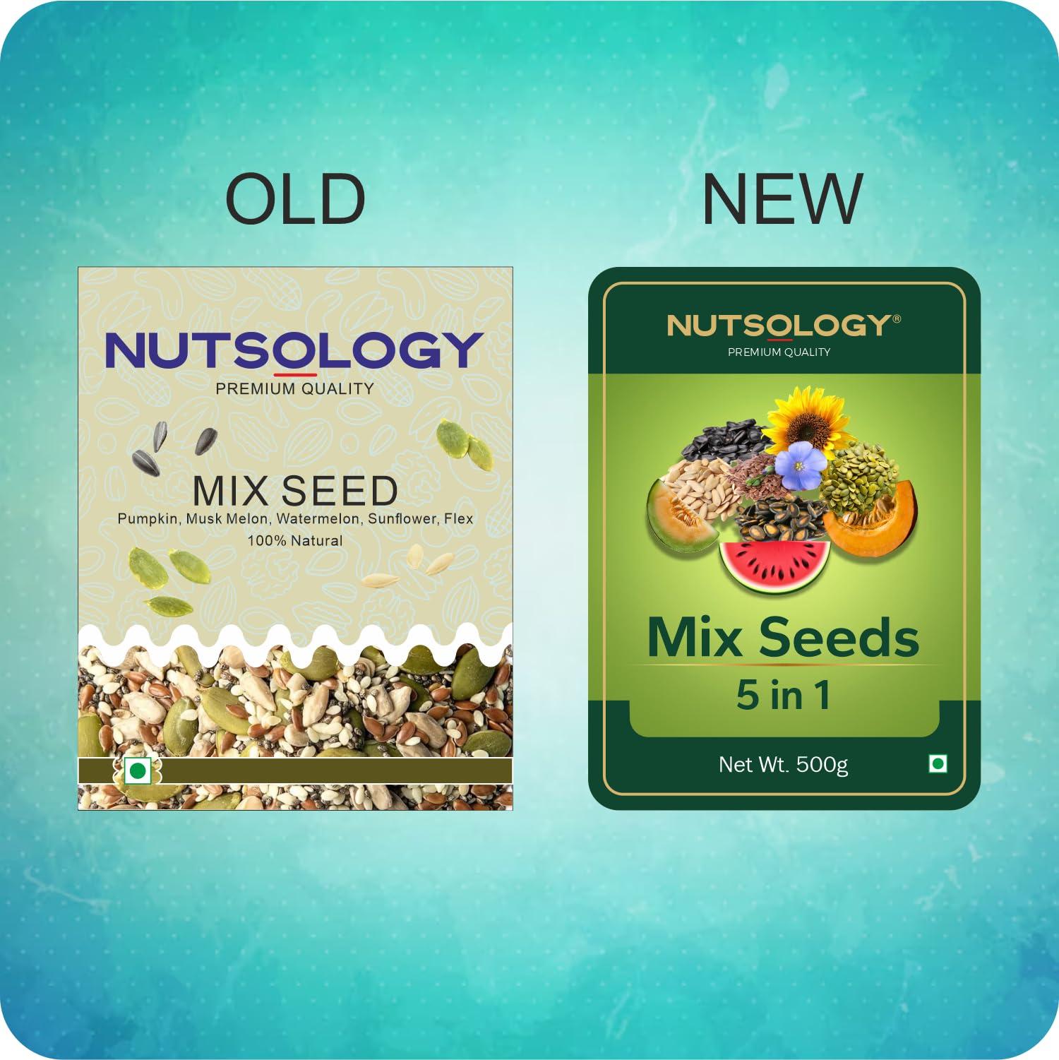 NUTSOLOGY Nutsology Premium Mix Seeds | 500g | 5 in 1 | Roasted Pumpkin, Flax & Sunflower Seed + Raw Watermelon & Muskmelon/Kharbuja Seeds | Healthy
