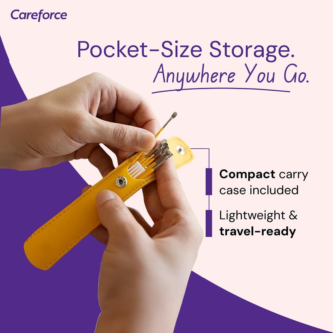 Careforce - The Force Behind Your Health Careforce - The Force Behind Your Health Ear Cleaning Kit Steel Ear Cleaner Reusable Ear Wax Remover Tool Kit Set With Storage Pack, Ear Curette Cleaner And Spring Ear Buds Cleaner 6 Pcs Set Yellow