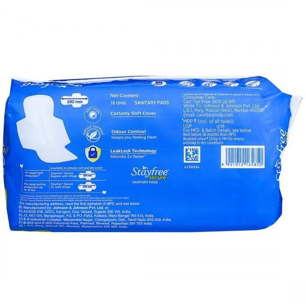 Stayfree Stayfree Secure Cottony Soft Cover with Wings Sanitary Pads - Regular 18 Count (Pack Of 1)