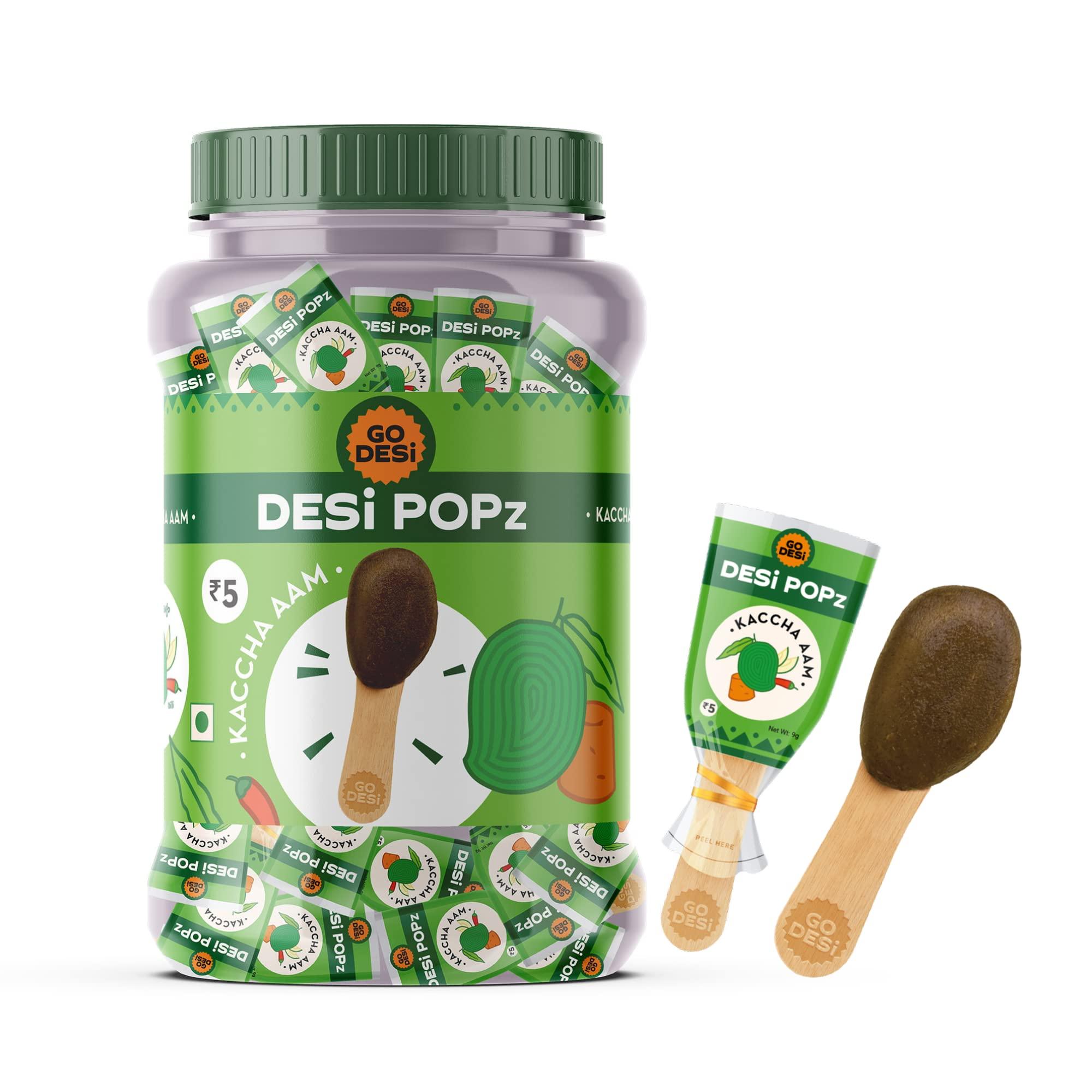 Go DESi GO DESi Popz Kaccha Aam | 100 Pieces | Aam Candy | Fruit Snacks | Sour Candies | Lollipop | Raw Mango Candy