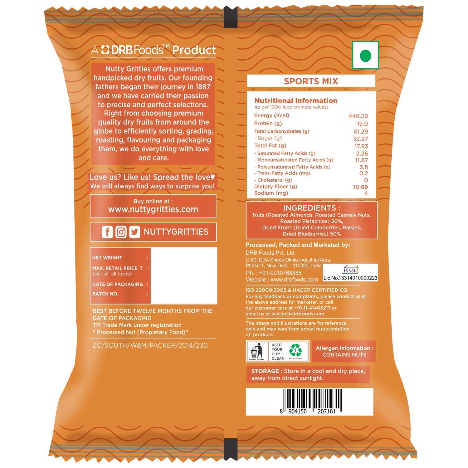 NUTTY GRITTIES Nutty Gritties Sports Mix (Almonds, Cashews, Pistachios, Cranberries, Blueberries, Raisins), Pack of 10-30g Each, 300g