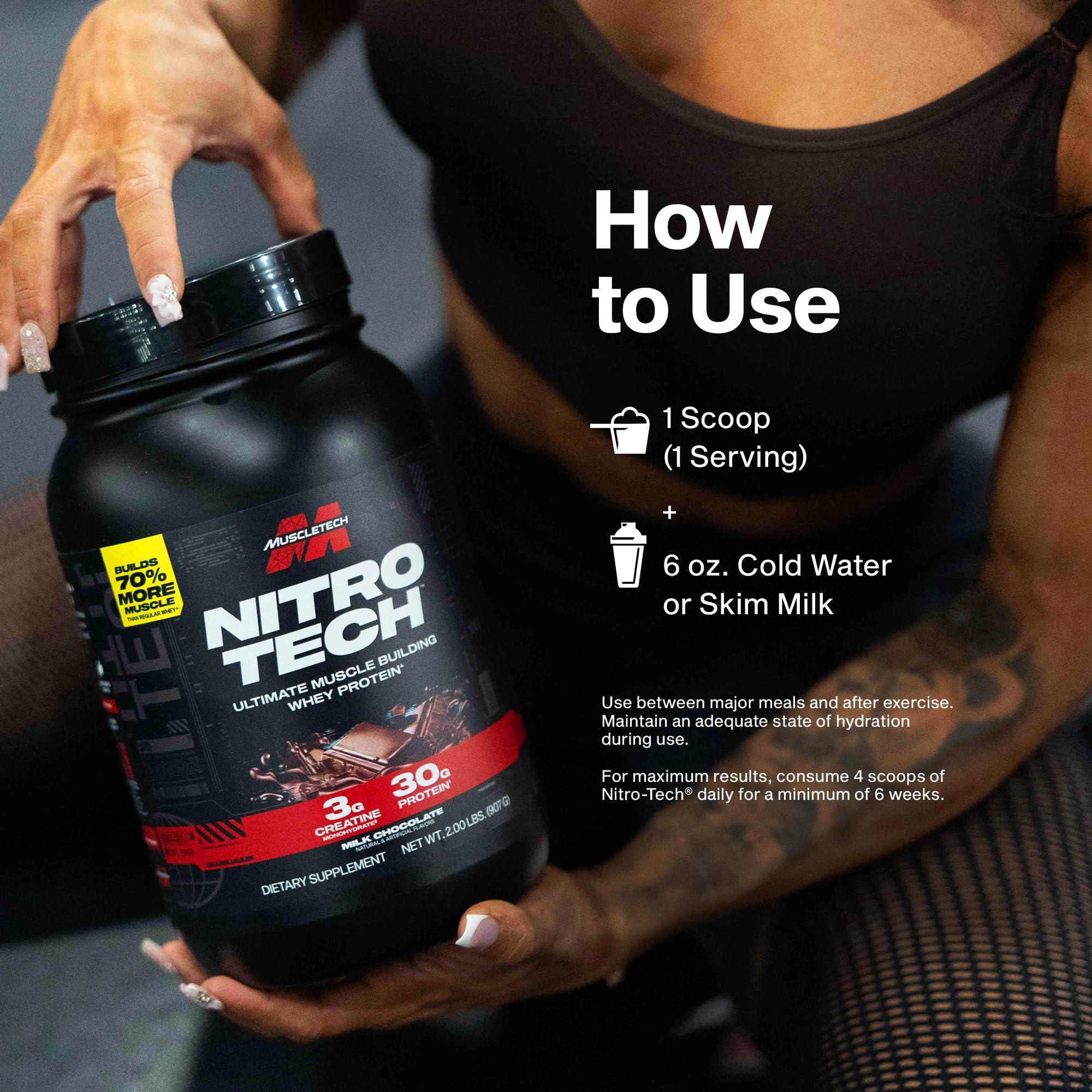 MuscleTech MuscleTech Nitro-Tech Whey Protein, 907g (2lbs), Milk Chocolate, 30g Protein, 3g creatine monohydrate, 6.7g BCAA, ultimate muscle building formula, increase strength & performance