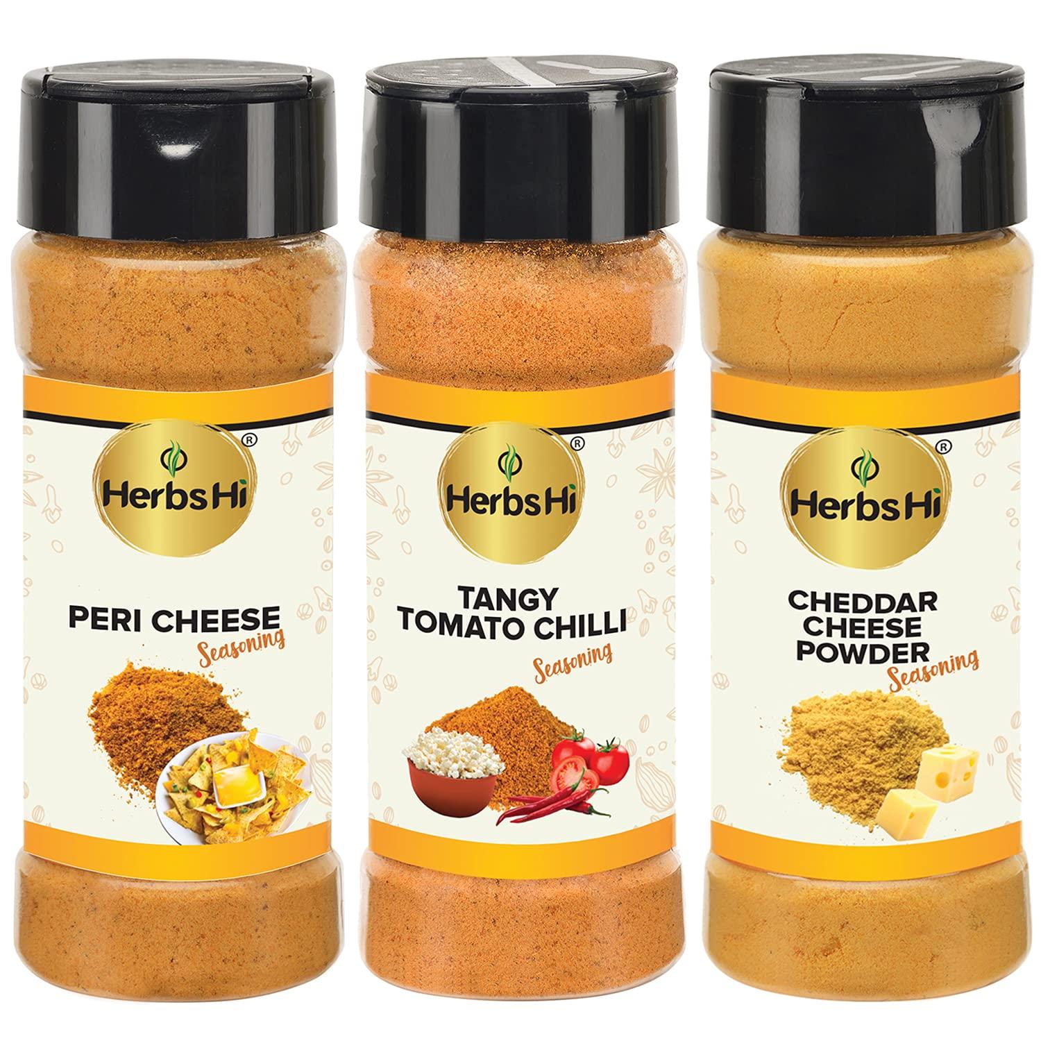 HerbsHi HerbsHi Popcorn Seasoning Combo|Peri Cheese (55Gm),Tomato Chilli (55Gm),Cheddar Cheese Powder (55Gm)|Instant Spice Mix|For Pasta,Sauces,Pizzas,Eggs,Dips,Popcorn,Fries,Chips,Nachos,Makhana