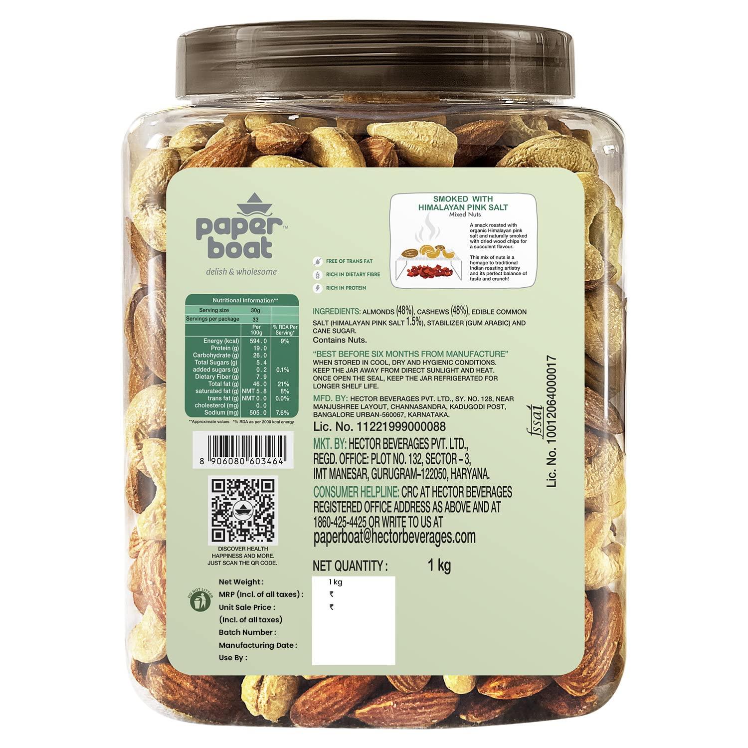 Paper Boat Paper Boat Premium Smoked and Roasted Nuts with Himalayan Pink Salt, Almonds & Cashews Mix, Reusable Dry Fruit Jar 1kg & Paper Boat Classic Salted Cashews 200g | Freshly Roasted
