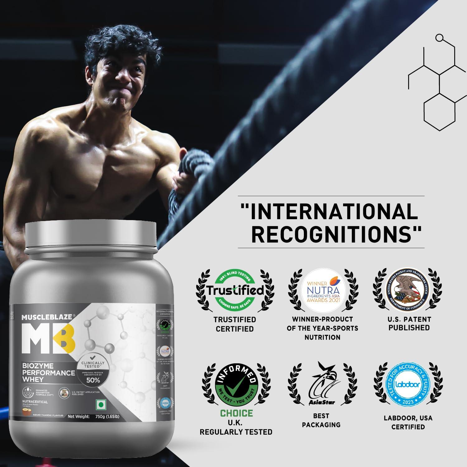 MuscleBlaze MuscleBlaze Biozyme Performance Whey Protein | Clinically Tested 50% Higher Protein Absorption | Informed Choice UK, Labdoor USA Certified & US Patent Filed EAF (Kesar Thandai, 750 g / 1.65 lb)