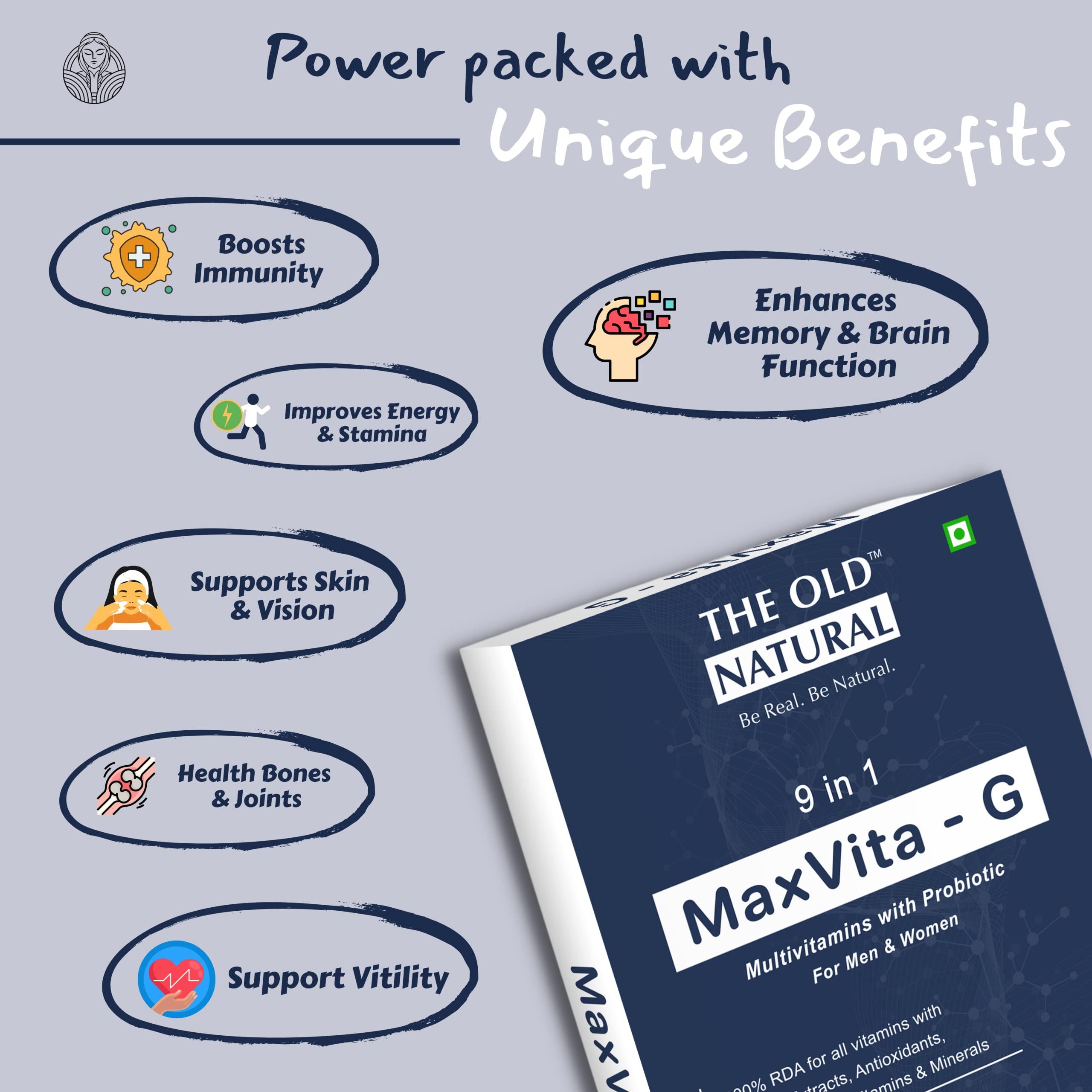 The Old Natural The Old Natural Maxvita -G Multivitamin with Probiotic 20 Tablets I Combination Of 9 In 1 Blends - Vitamins, Minerals, Prebiotic & Probiotic (Pack of 2 Strips - 20 Tablets)