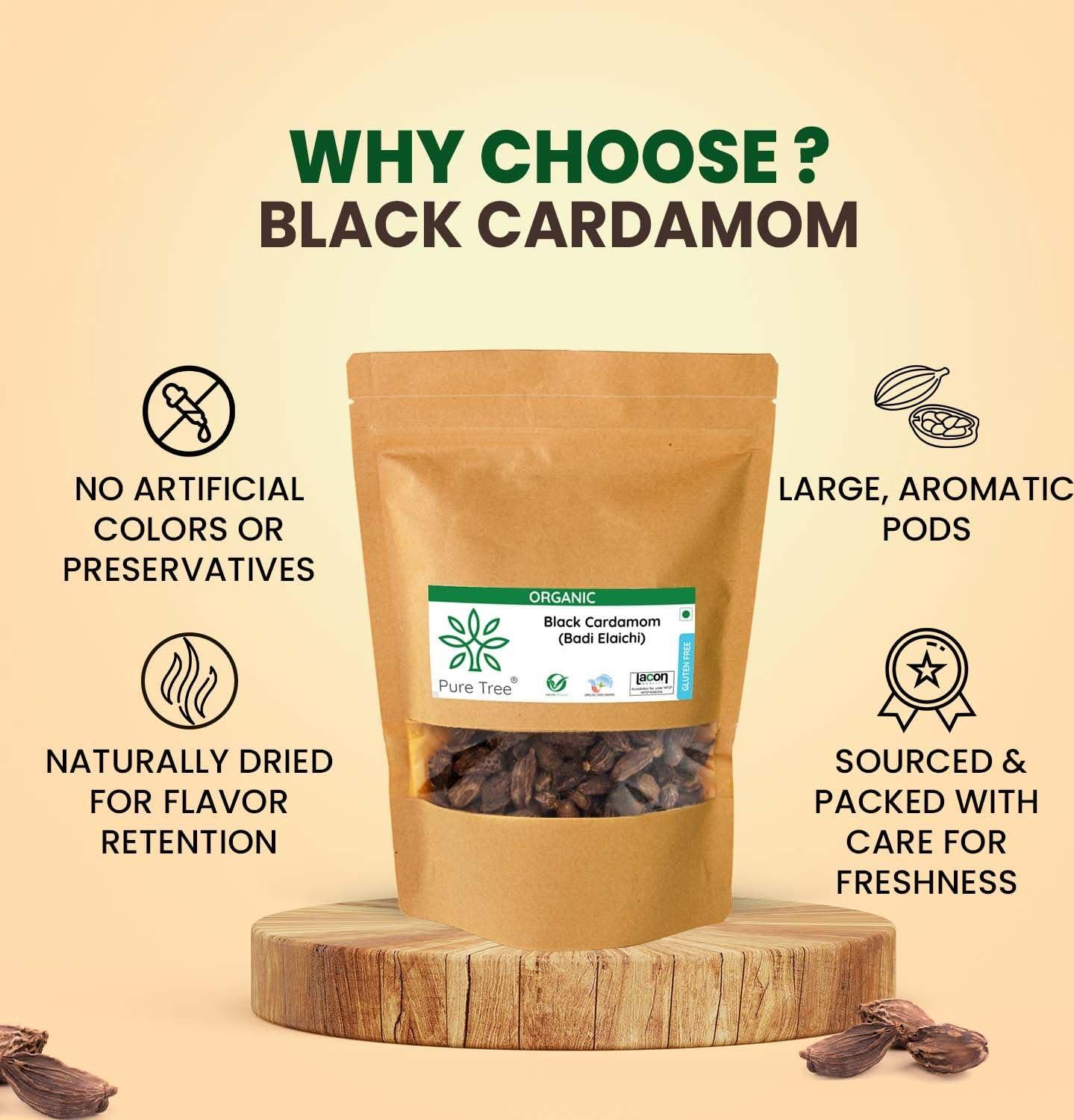 Pure Tree Pure Tree Certified Organic Black Cardamom Whole | 50 g | Badi Elaichi Indian Spice | Moti Elaichi Organic Adds Aroma and Flavour | Cardamom Elaichi Whole