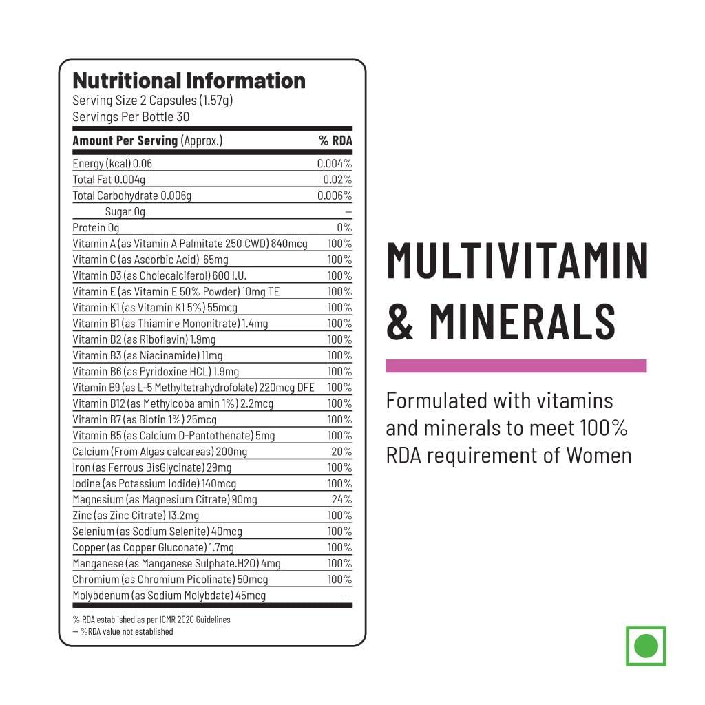 Unived Unived Basics Multivitamin & Minerals For Women, 100% Rda Of All Vitamins With Algae Calcium & Plant-Based Vitamin D3 Plus Important Minerals, Complete Formulation For Health & Wellbeing - Capsule