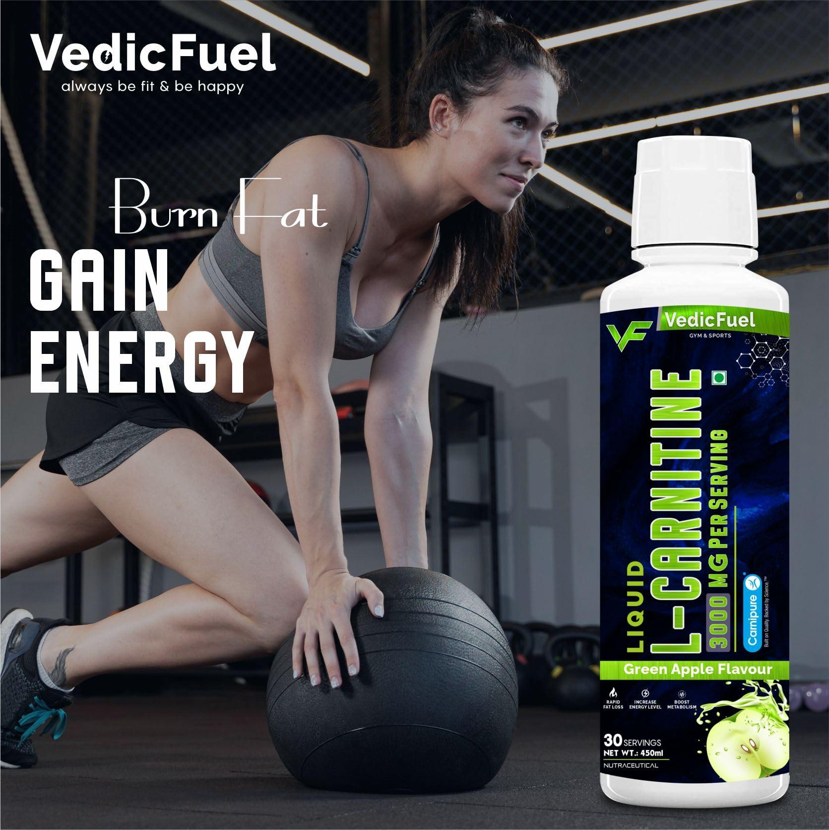 VEDICFUEL VedicFuel Liquid L-Carnitine 3000 mg, Helps Convert Fat into Energy (Green Apple Flavour, Pack of 450ml, 30 Servings)