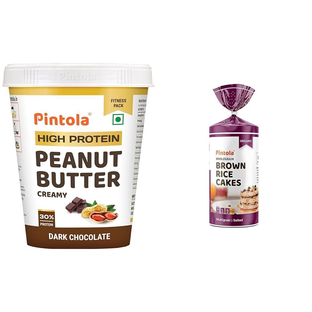 Pintola Pintola Combo - High Protein Dark Chocolate Peanut Butter Creamy 1Kg + Rice Cake Multigrain Salted 130g, 100% Roasted Peanuts butter Chocolate Flavour High Protein Nut Butter With Organic Rice Cakes
