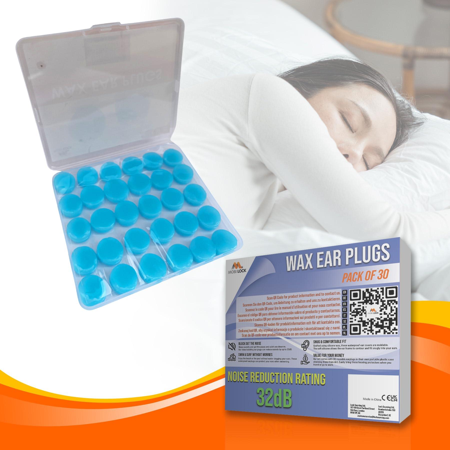 Mobi Lock Ear Plug - Reusable Silicone Wax Ear Plugs for Sleeping, Swimming - Pack of 30, Blue - 32db Noise Cancelling Earplugs With Portable Plastic Case - Hearing Protection for Travel, Concert - by Mobi Lock