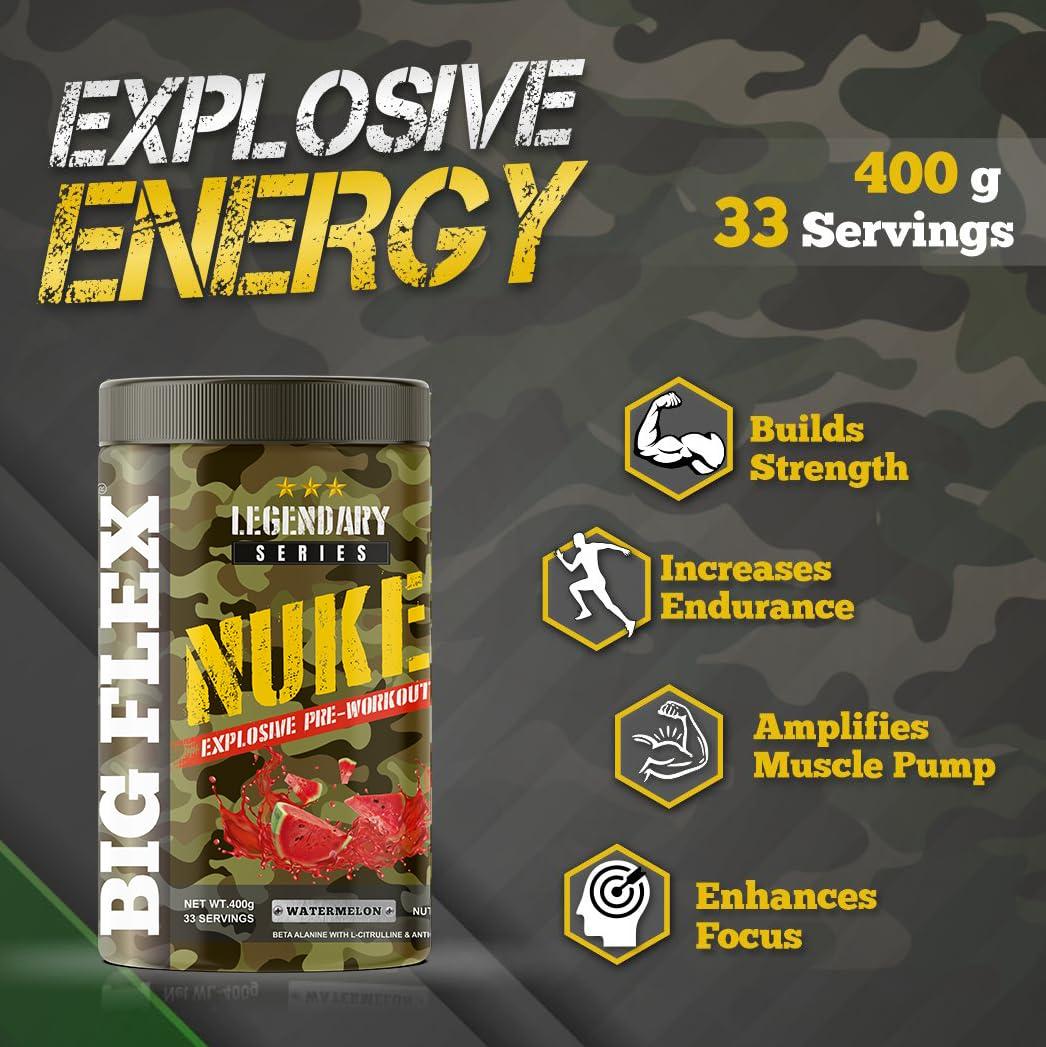 Bigflex Bigflex Nuke Pre Workout Powder| 33 Servings |Energy Booster| |Muscle Pump| |Strength Improvement| Preworkout For Men | Pre Workout For Women (Watermelon, 400 gm)