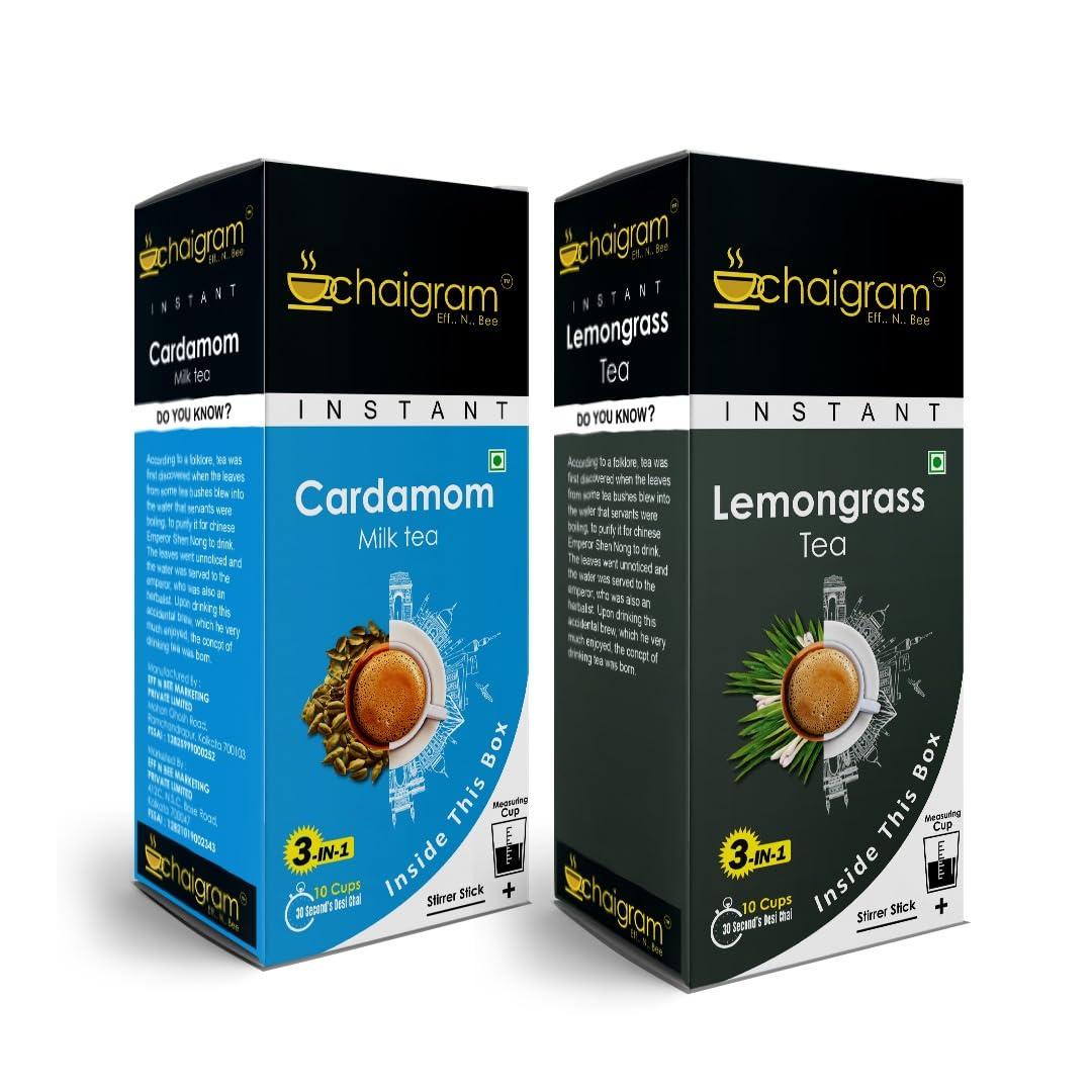 CHAIGRAM CHAIGRAM Cardamom Tea & Lemongrass Tea Instant Tea Premix (10 Sachets each pack, 10 x 14g =140g) Pack of 2