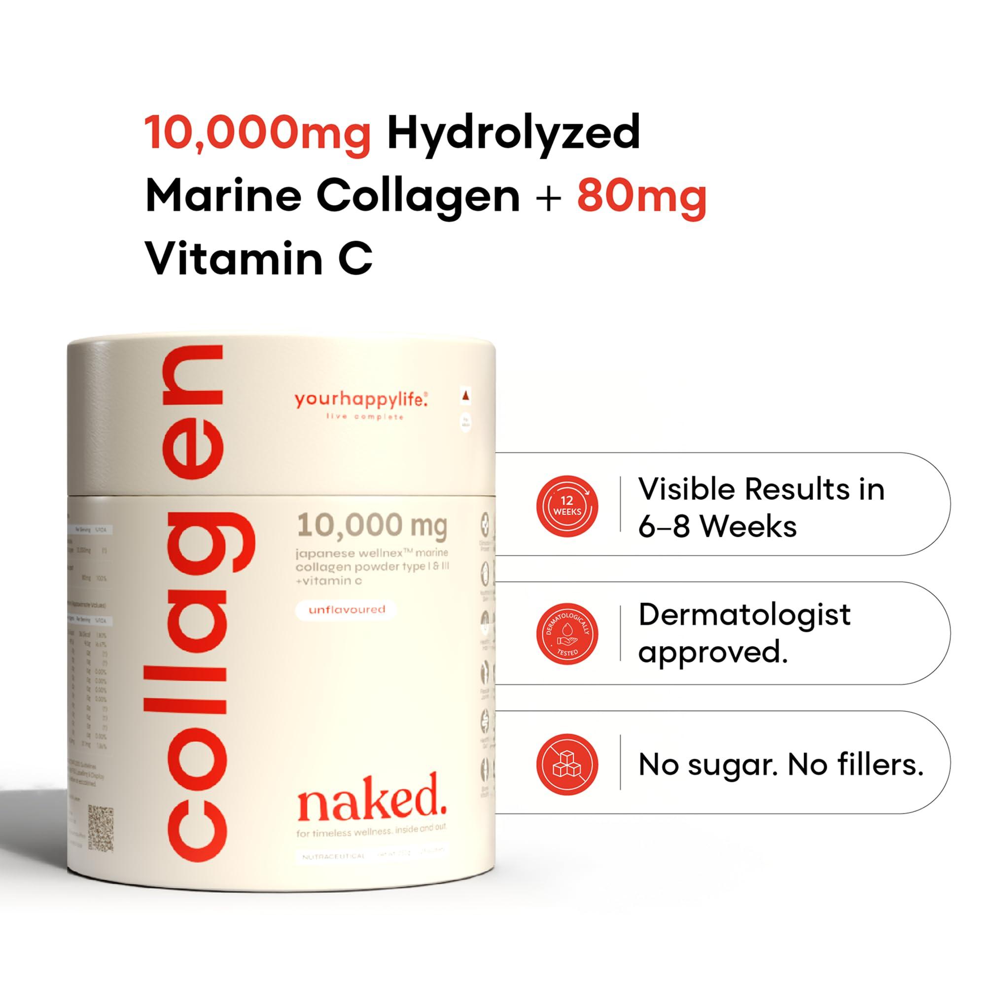 yourhappylife YourHappyLife Collagen Naked | Unflavored Marine Collagen Peptides with Vitamin C for Skin, Joints, Hair & Nails | Hydrolyzed for Fast Absorption | 10,000mg Collagen + 80mg Vitamin C | Pack of 2