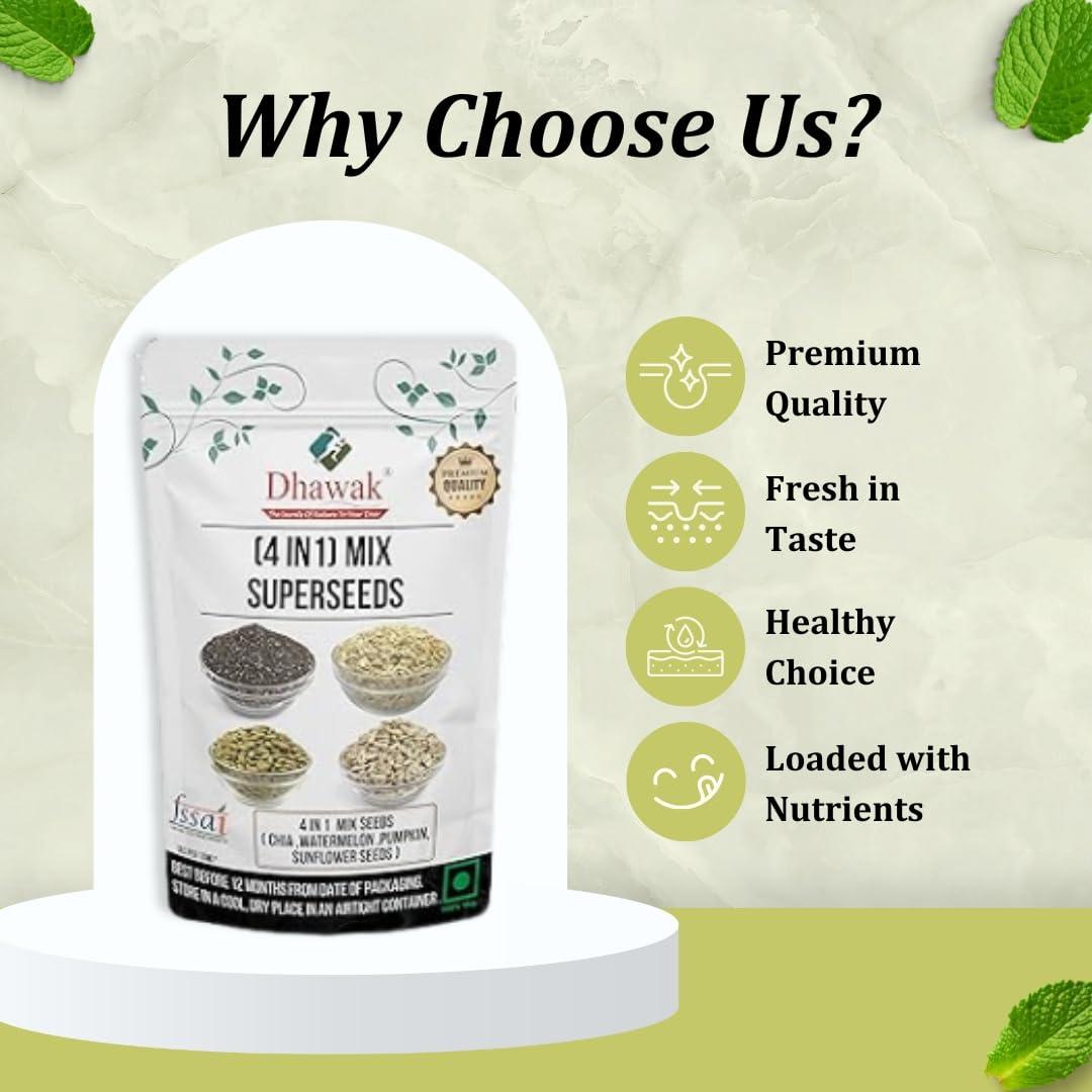 DHAWAK DHAWAK Raw Seeds Mix for Eating - 1kg -Chia, Sunflower, Pumpkin & Watermelon (250g x 4 Pack) (Super Saver Combo) (1KG. (250 x 4))