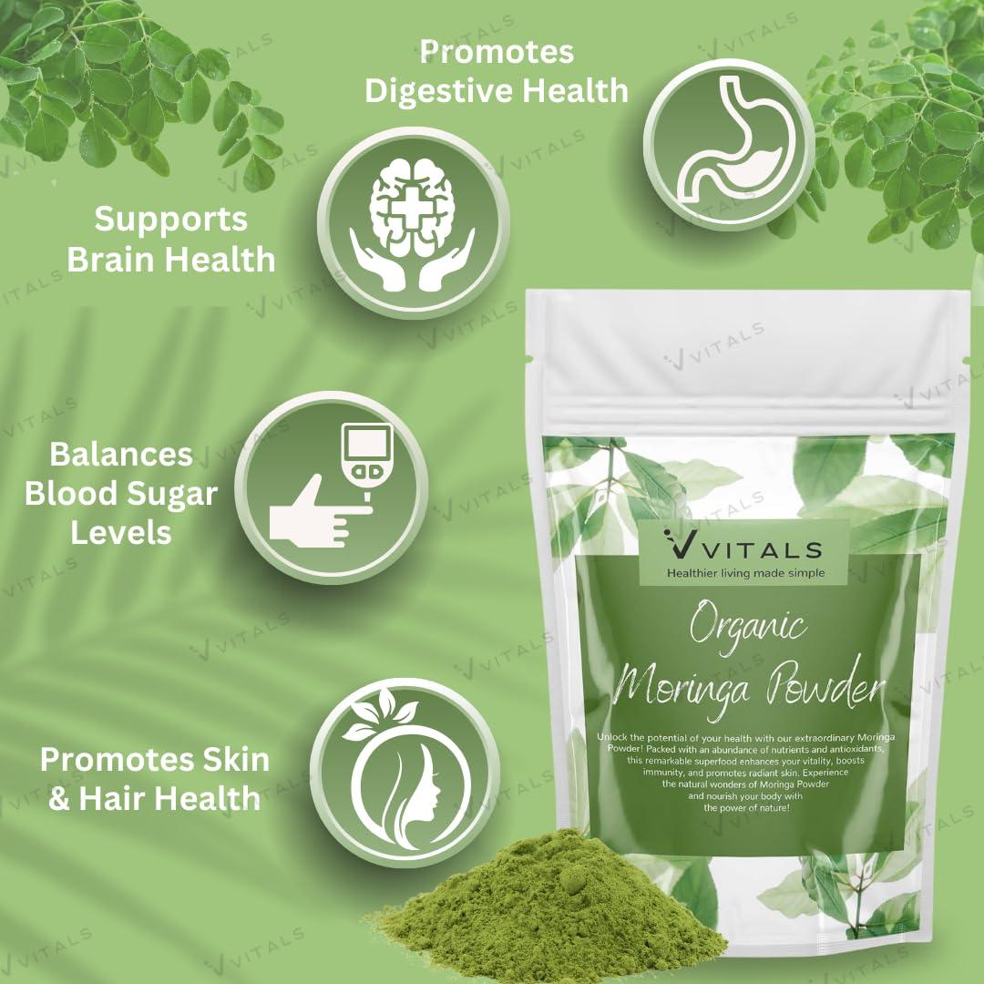 Vvitals Vvitals 100% Pure Organic Moringa Leaf Powder - 400 gm - Oleifera / Drumstick Leaves Powder natural multivitamin superfood improves Immunity, Digestion & Energy | Moringo / Murungai / Munagaku Podi for eating, helps in manage weight, hair grow & skin