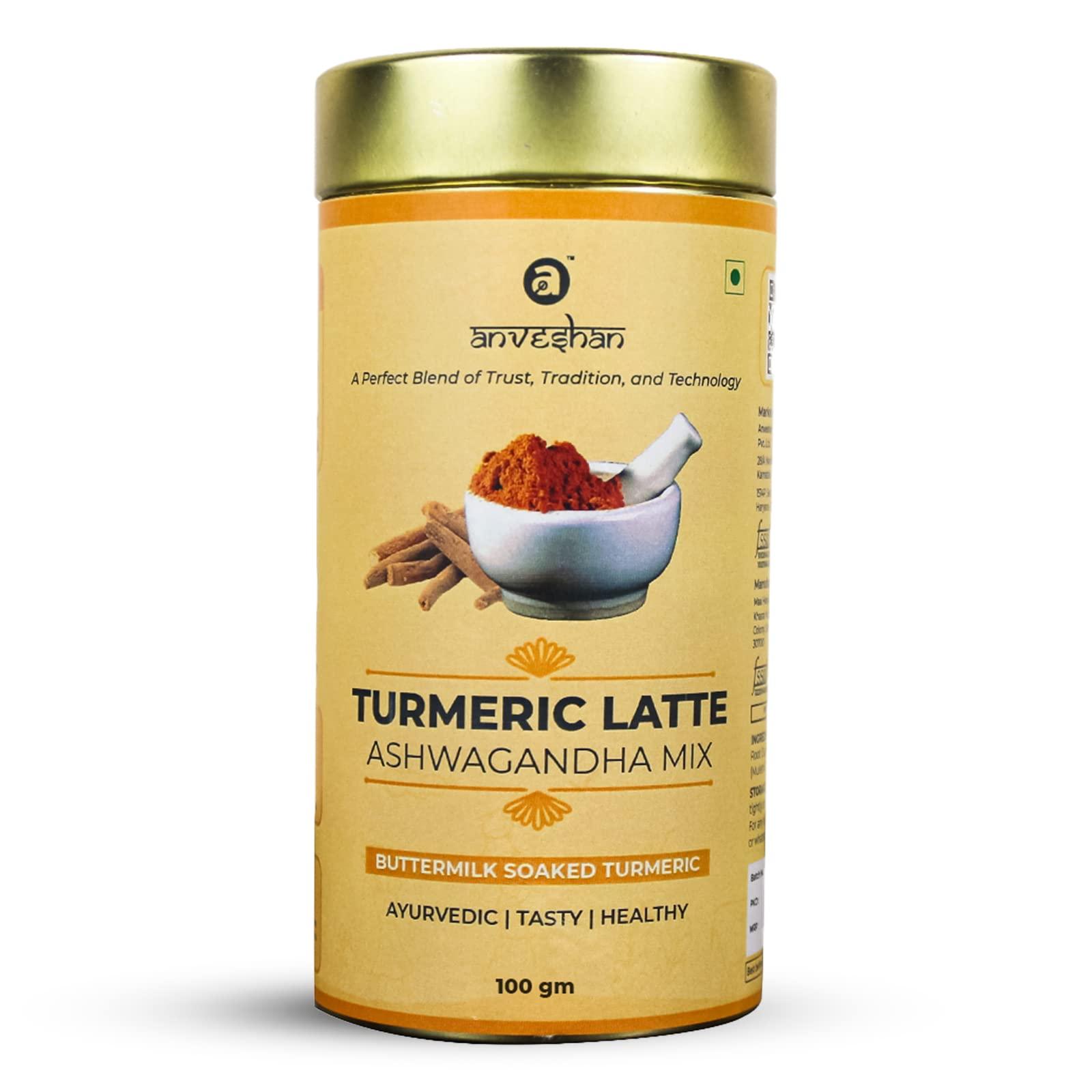 Anveshan Empowering farmers with technology Anveshan Turmeric Latte 100g | Healthy Ayurvedic Remedy with Ashwagandha Mix for Golden Milk | Haldi Mix.