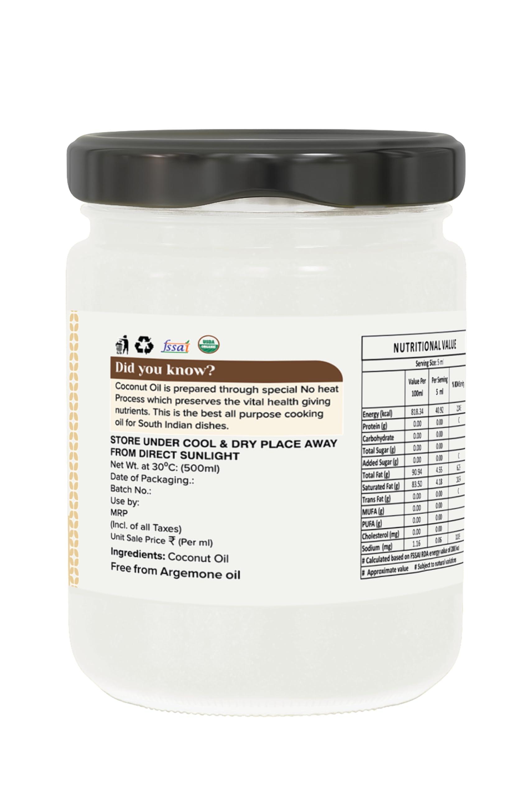 Farm Naturelle Farm Naturelle -100% Pure Organic Extra-Virgin Cold Pressed Coconut Oil 550ml | Aroma for Cooking & Healthy Skin and Hair | 100% Vegan (Glass Bottle -550ml)