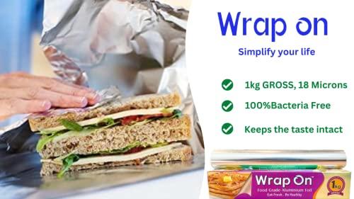 Wrap On Wrap On Aluminium foil 1kg roll Thick 18 Micron for Food Packing | foil Paper for Food wrap | Silver foil for Kitchen roll for roti | Parchment & Wrapping Paper (1kg net Heavy Duty foil)