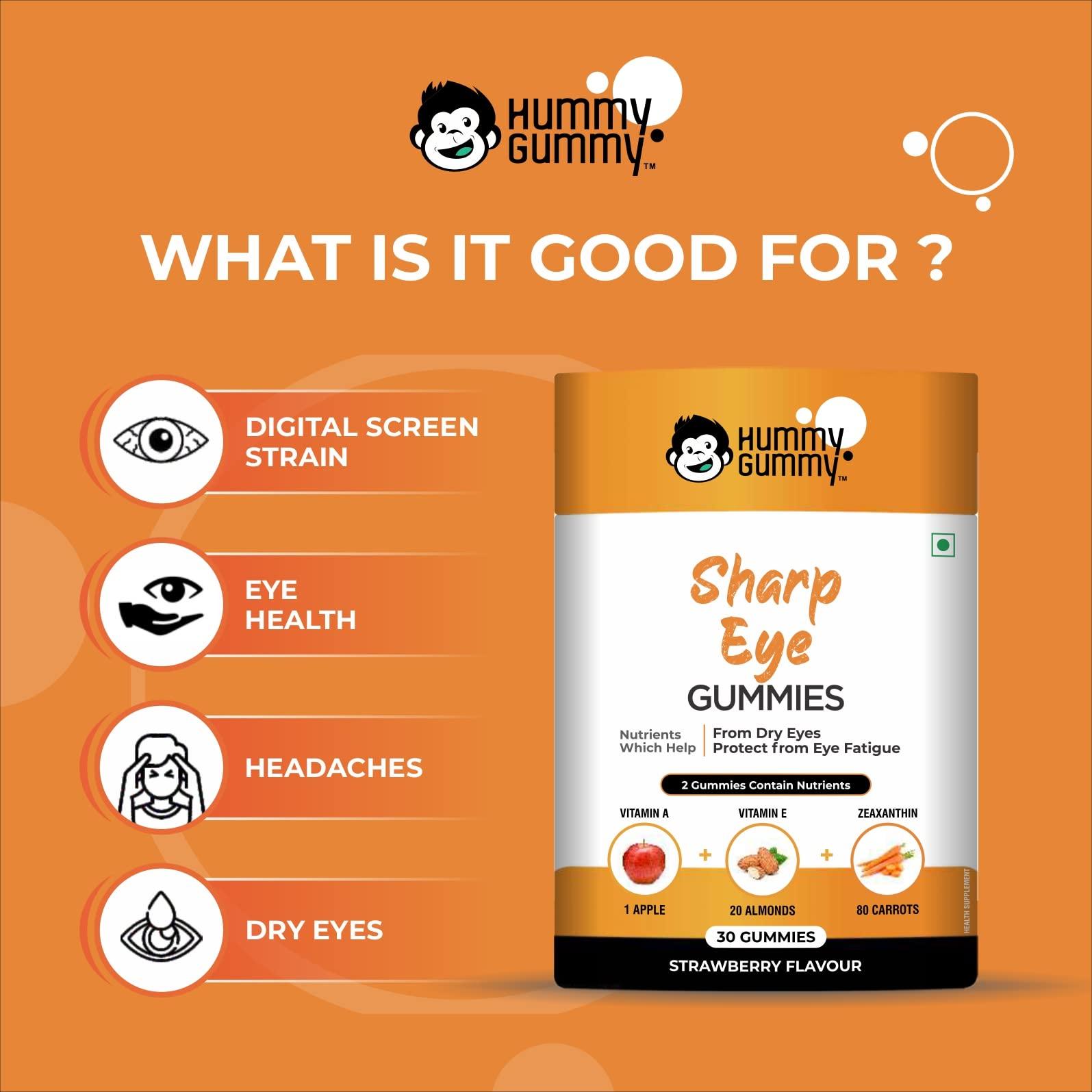 HUMMY GUMMY HUMMY GUMMY Combo of Sharp Eye Gummies & Hair, Nail & Skin Gummies (Pack Of 2, 60 Gummies) / Protects Against Dry Eyes, Digital Strain/for Hair Growth, Bright Skin & Strong Nails Notice