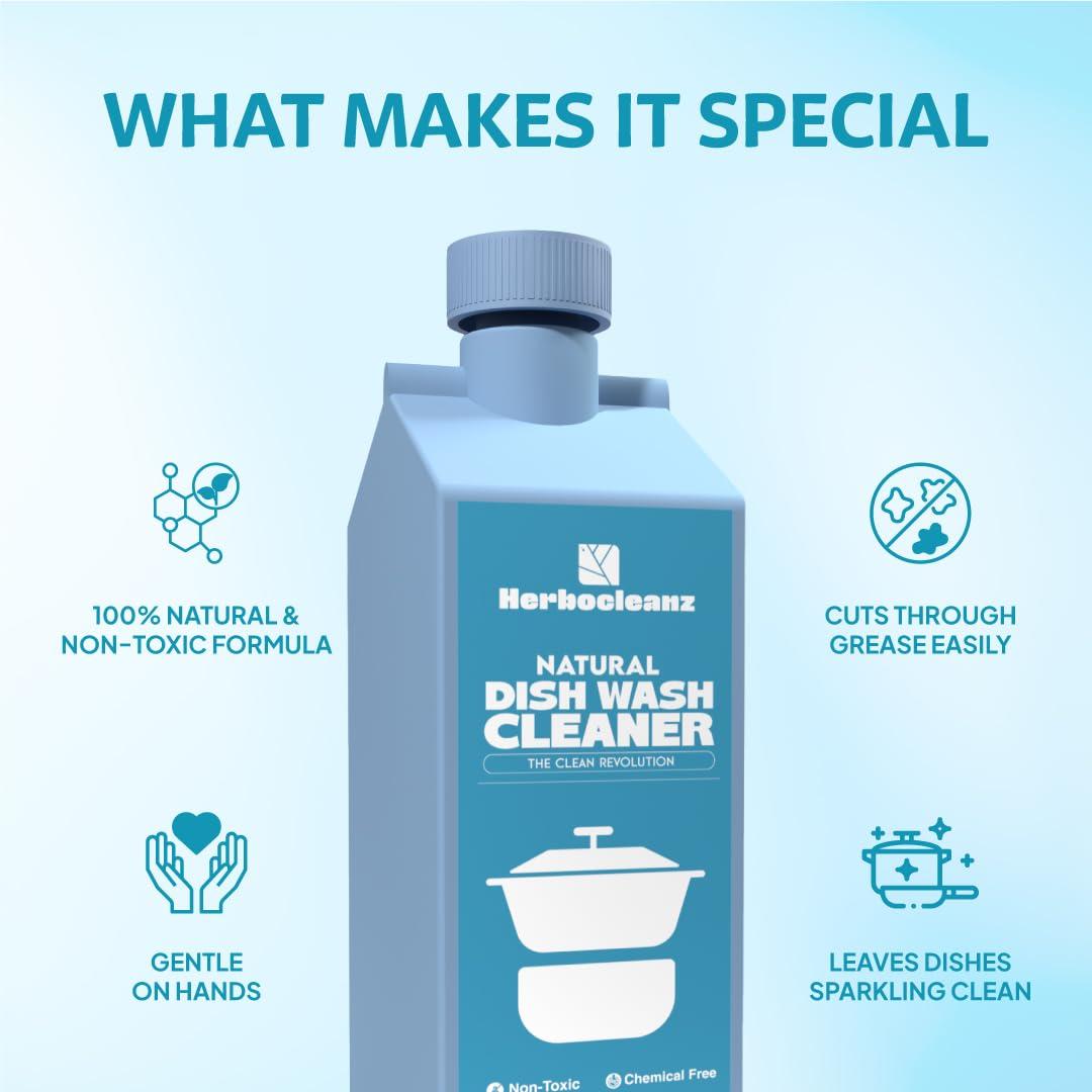 HERBOCLEANZ HerboCleanz Natural Dish wash cleaner: Plant-Based, Non-Toxic Grease Cutter  Eco-Friendly, Skin-Safe Detergent for Utensils, Ceramics & Cutlery - Pack of 1