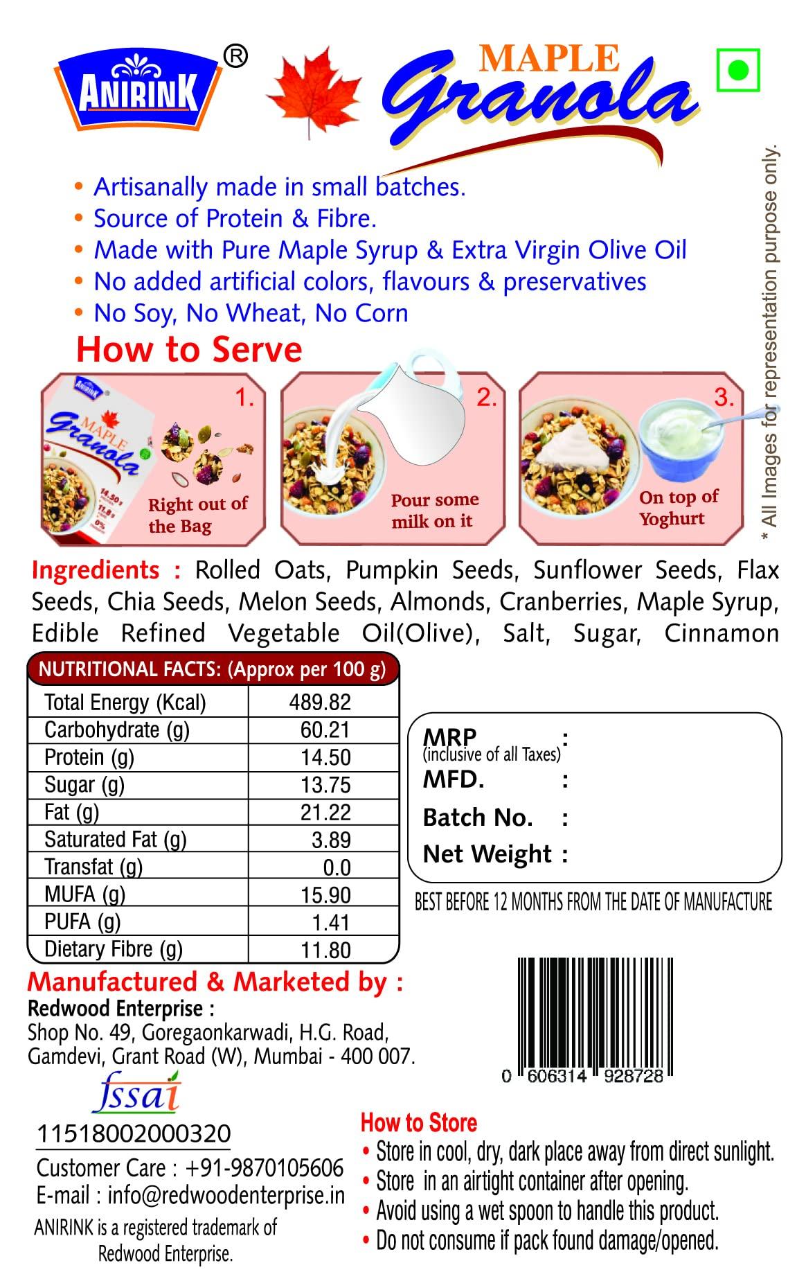 ANIRINK Anirink Gluten Free Vegan Maple Granola 200gm