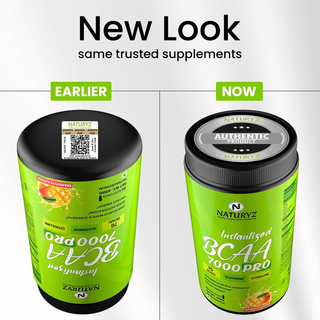 Naturyz NATURYZ Instantized BCAA 7000 PRO |7G Vegan BCAAs | Glutamine | Citrulline | Electrolytes | 0 Added Sugar | Powerful Pre/Post & Intra Workout Amino for Lean Muscle Growth, Strength, Quick Re-Hydration & Instant Energy - 400g(Mango)