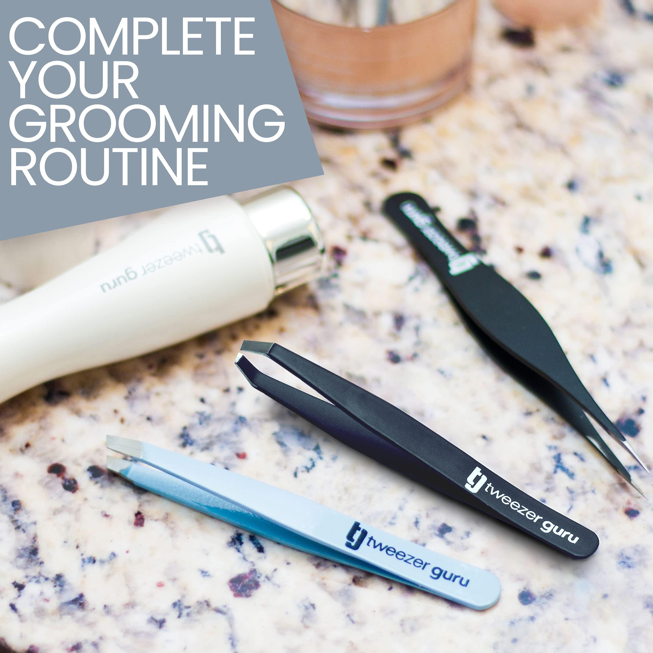 Tweezer Guru Tweezers Set 5-piece - Tweezer Guru Stainless Steel Slant Tip and Pointed Eyebrow Tweezer Set - Great Precision for Facial Hair, Ingrown Hair, Splinter, Blackhead and Tick Remover (Black)