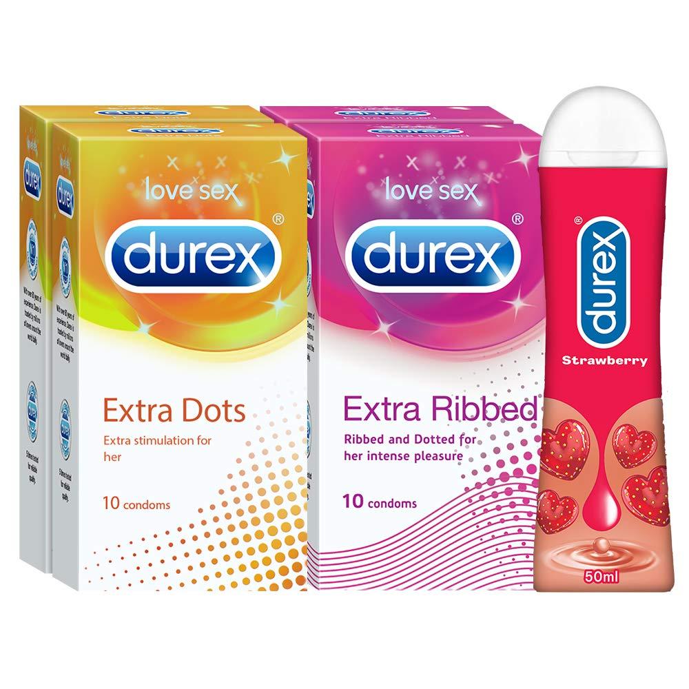 Durex Pleasure Packs (Durex Extra Dots 10s, Extra Ribbed 10s, Extra Dots 10s, Extra Ribbed 10s, Strawberry 50 ml)