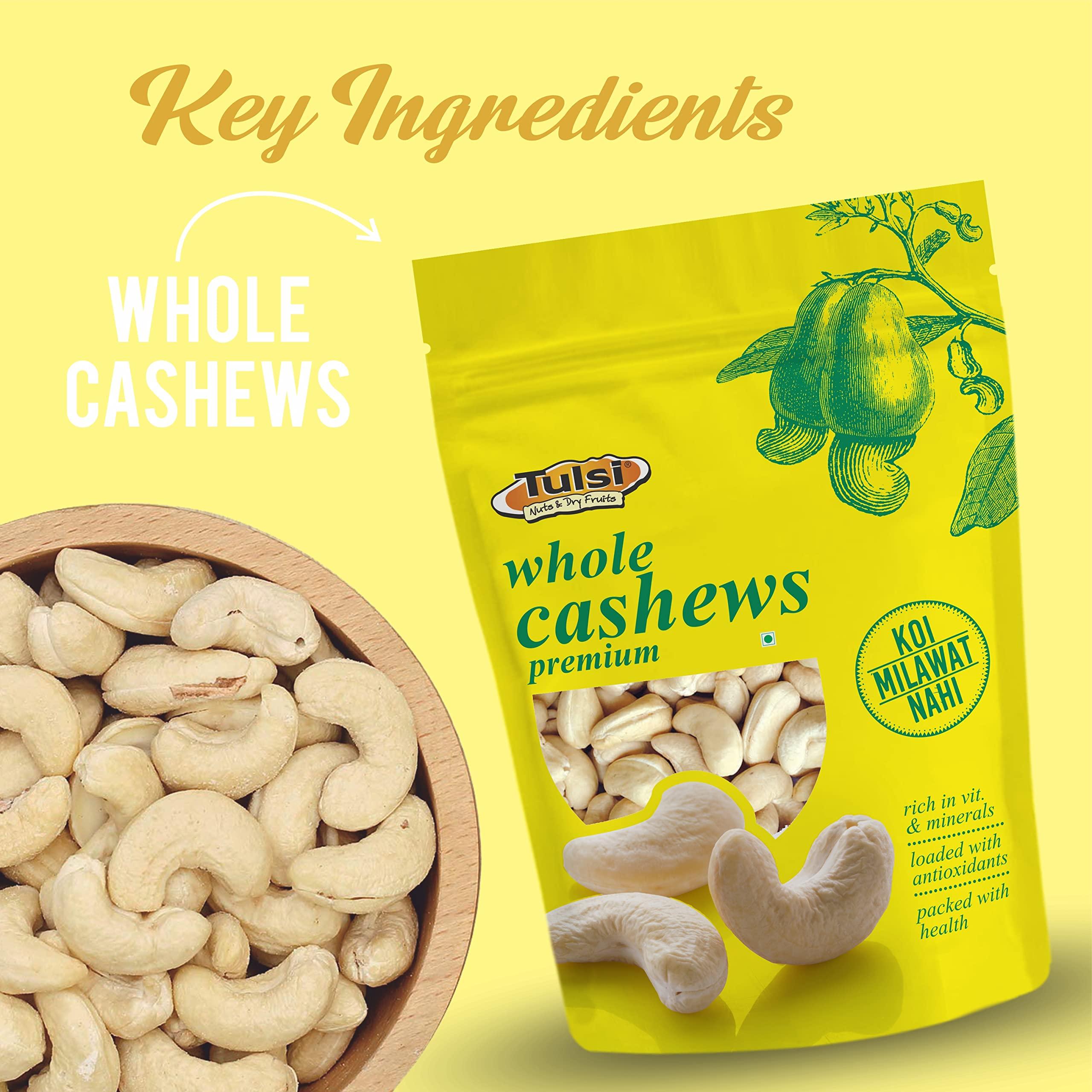 Tulsi Tulsi Whole Cashew Premium (Grade W320) 1Kg (200g x 4) | Handpicked Kaju Nuts | Premium Cashew Nuts | Raw Cashews | Rich in Protein | Source of Dietary Fiber | Good Size | Whole Kaju | (Pack of 4)