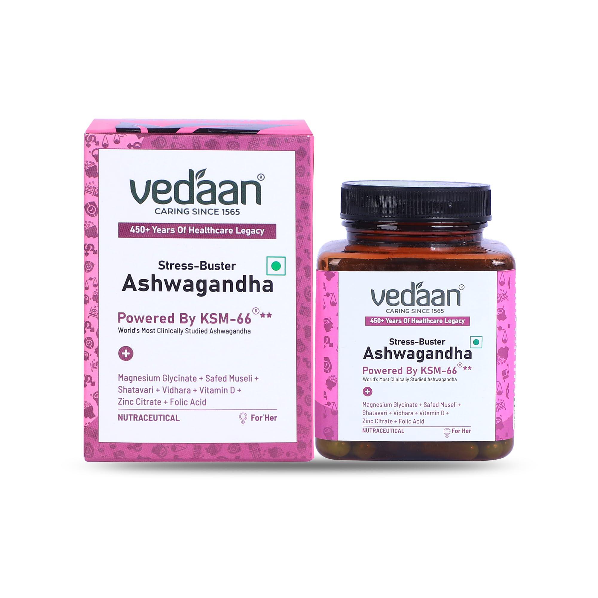 Vedaan Vedaan KSM-66 Ashwagandha for Women - Energy, Stress Relief & Sleep Improvement | Formula for Mood, Focus & Immune Support | Assistance in Hormonal Support - 60 Capsules Pack