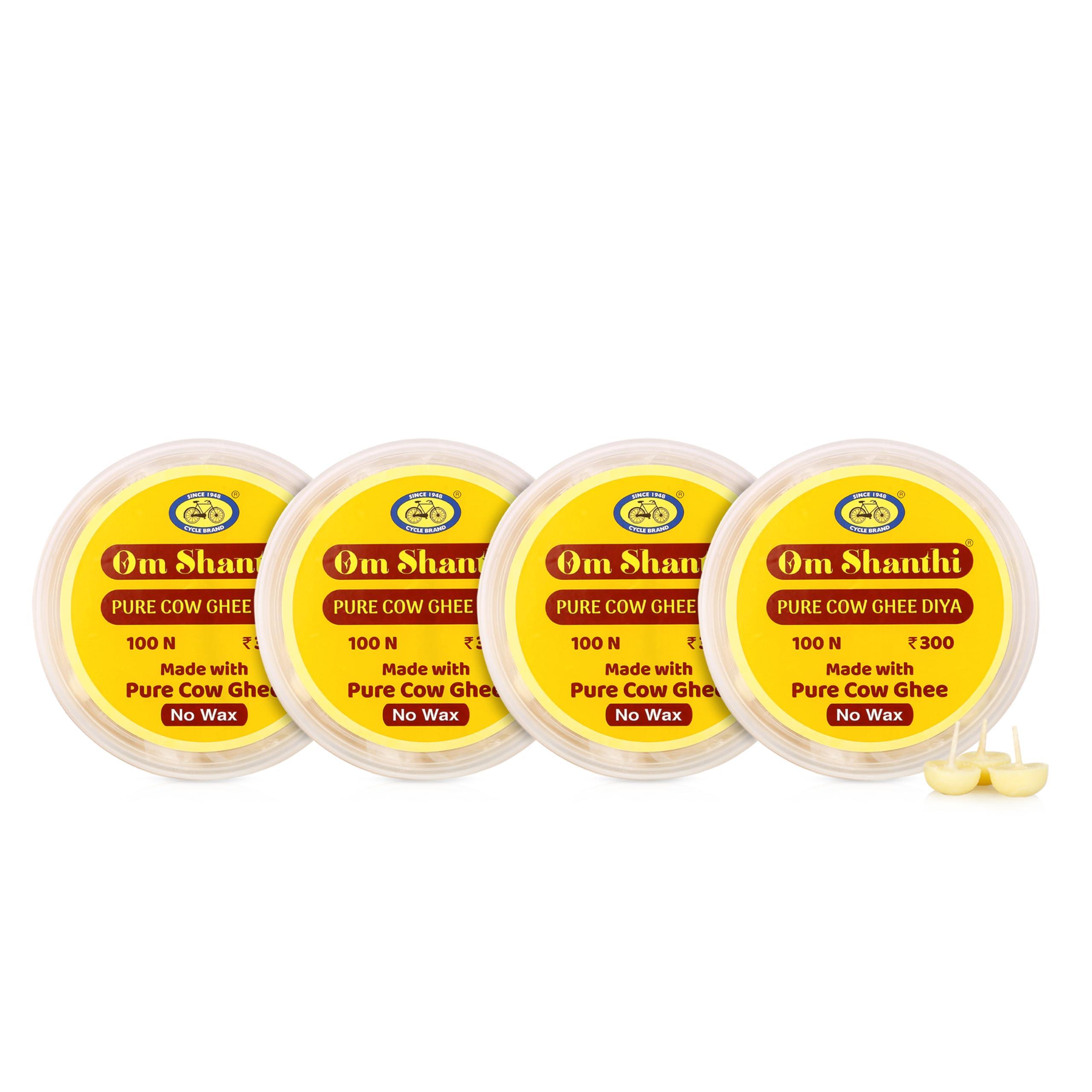 Om Shanthi POOJA MADE PURE Cycle Pure Om Shanthi Cow Ghee Diya for Puja - 400 Ghee Wicks | 100% Wax Free Ghee Batti for Pooja, Festivals & Religious Rituals | Readymade Ghee Diya batti | Easy to use & Long Lasting | Pack of 4