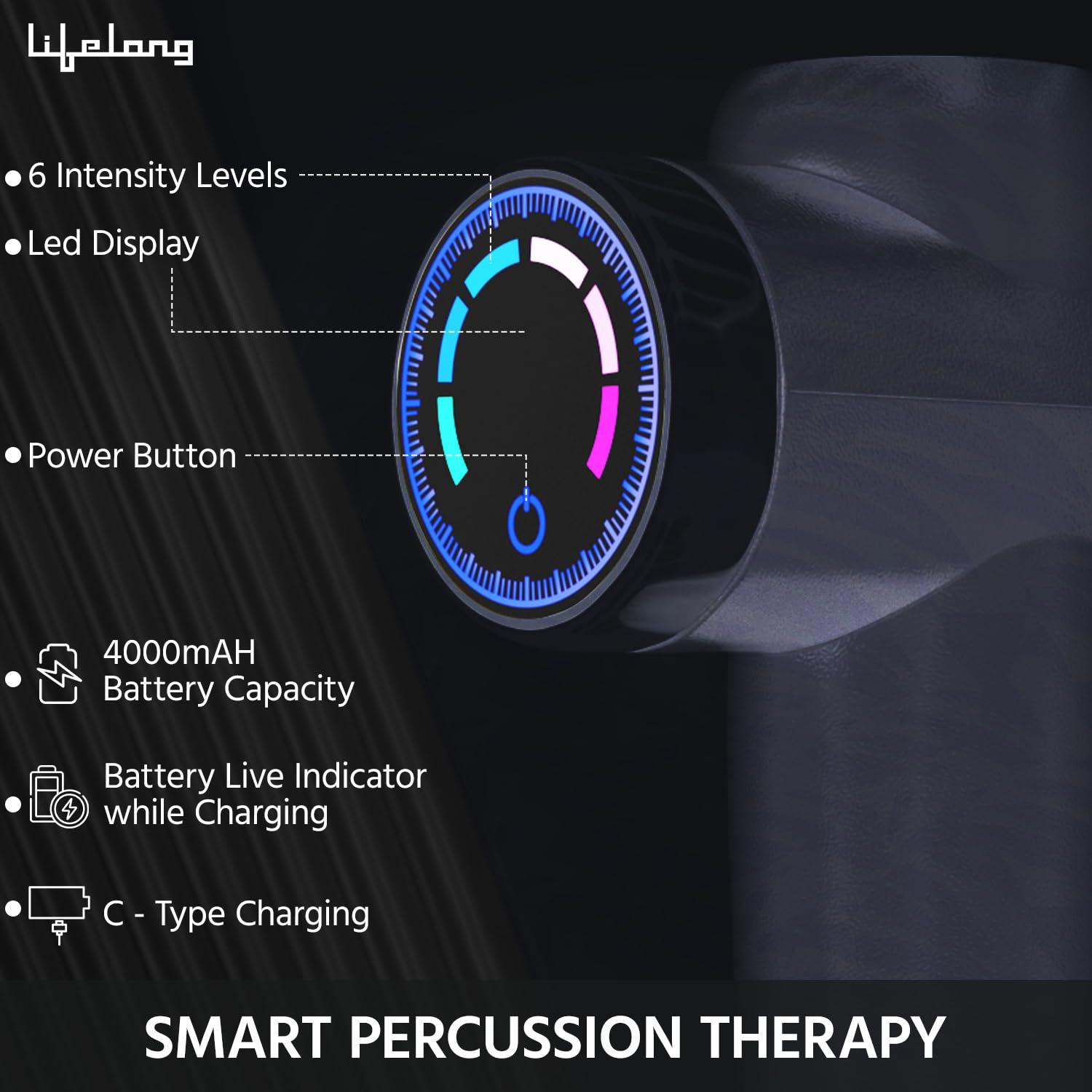 Lifelong Lifelong Gun Massager for Pain Relief with 8 Massage Heads & LCD Touch Display - Battery Powered - Deep Tissue Massage with 6 Speed Settings for Percussion Massage for Full Body (LLGM171, Black)