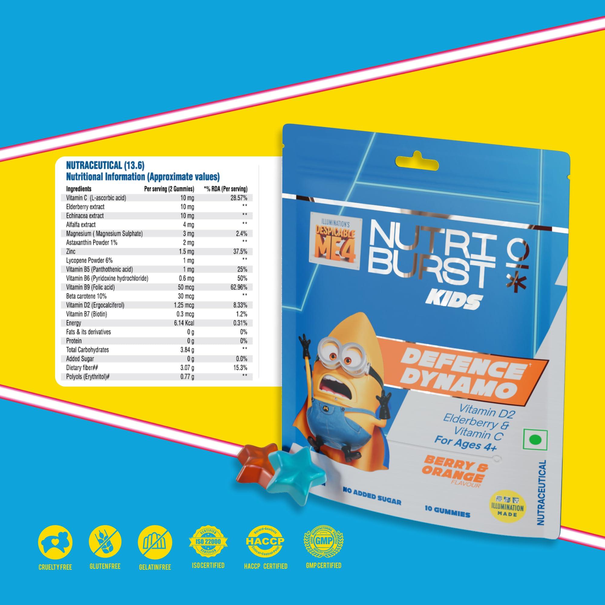 Nutriburst Nutriburst Defence Dynamo Minions Kids Gummies - Immune Boost with Vit D, Vit C, & Black Elderberry Extract - Chewable Vegan Supplement For Kids Aged 4+, 3 Packs (10 N Each)