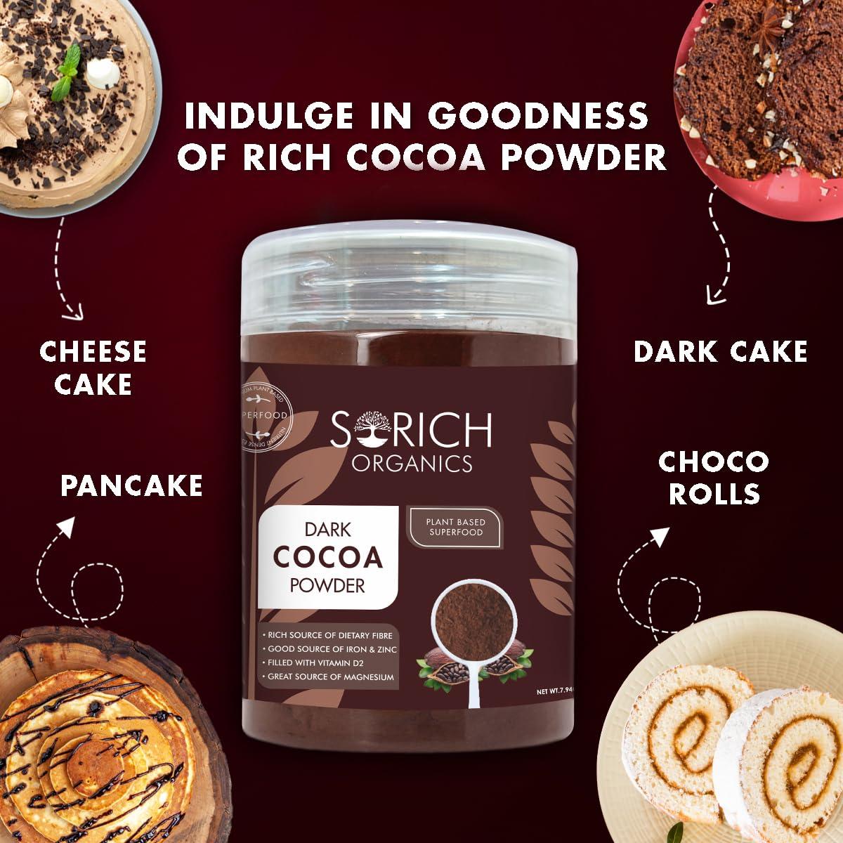 Sorich Organics Sorich Organics Dark Cocoa Drink Powder 225gm | Dark Cocoa Powder for Cake, Chocolates, Cookies, Brownies, Hot/Cold Milk Shakes, Desserts, Bars, Smoothies | Vegan | Gluten Free (Unsweetened)