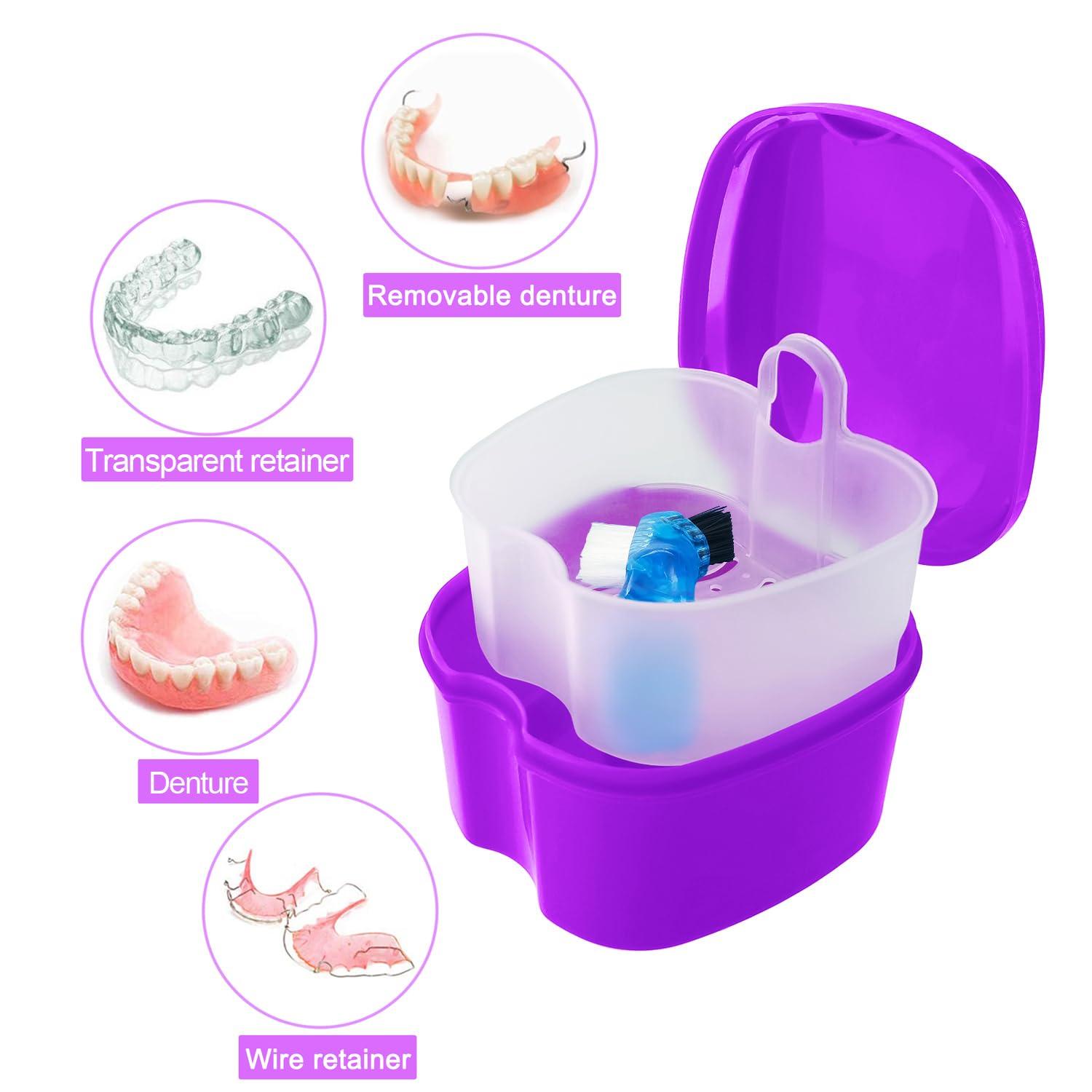 Keedolla 2 Pack Denture Case Dental Mouthguard Case, Denture Bath Box Cleaning with Brush, Strainer Basket and Lid Waterproof - Purple and Blue
