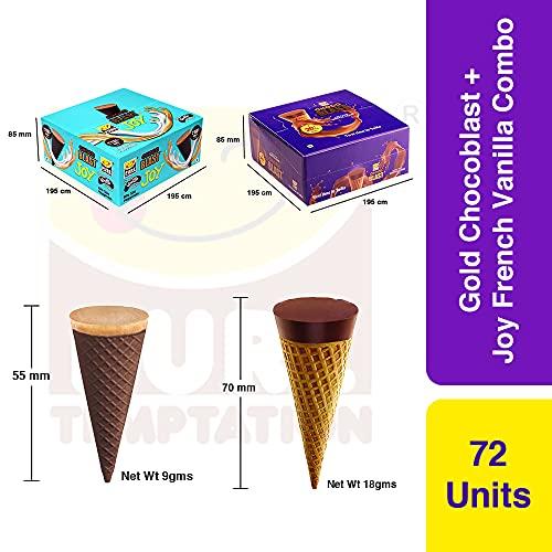 Pure Temptation Pure Temptation Choco Filled Waffle Cone Gold Chocoblast + Joy French Vanilla Flavour Chocolate Gift Box Display Stand- Premium Chocolate Pack of 2 (Each Pack Contains 36 Pcs) (Chocolate+Vanilla Flavo