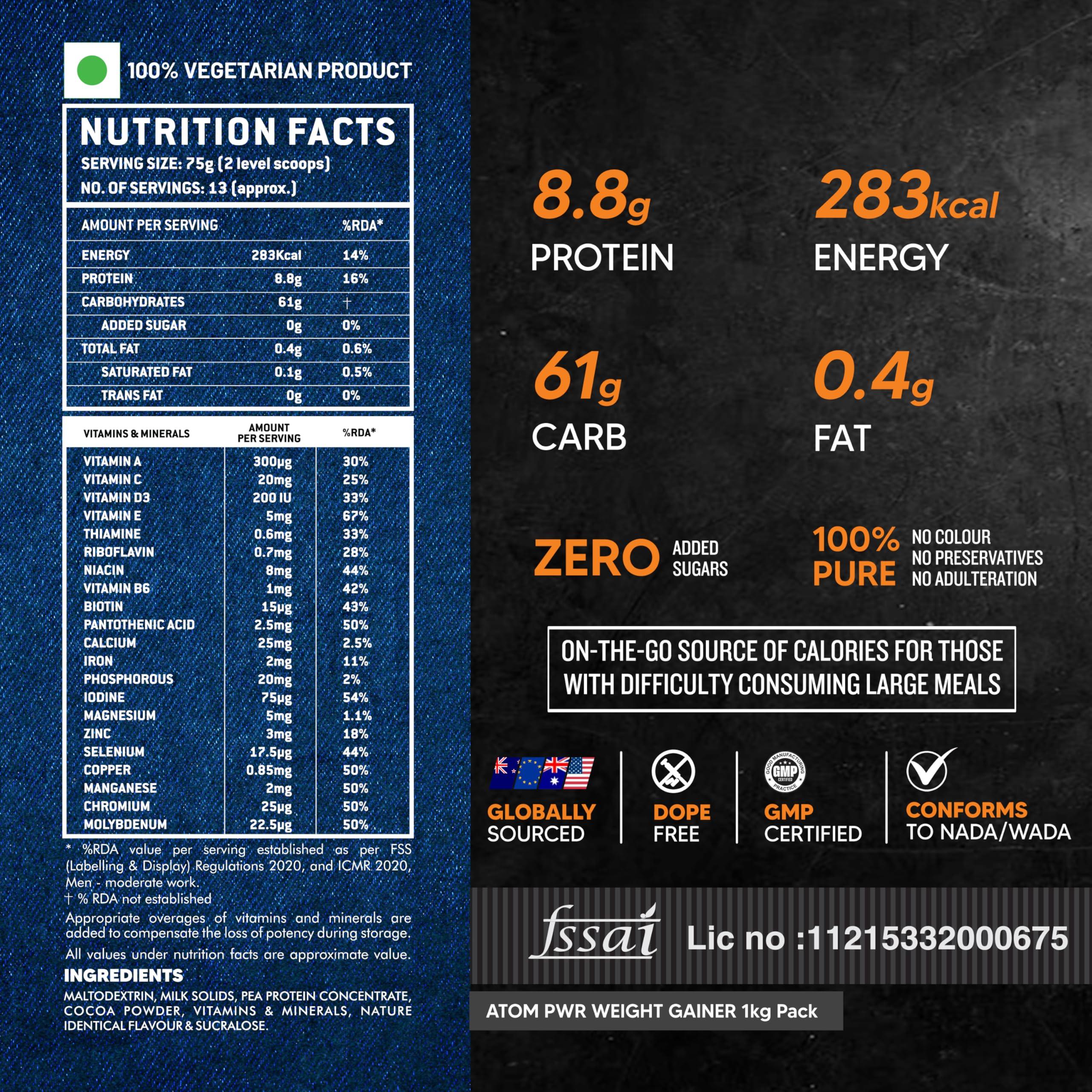 Asitis Nutrition Asitis Nutrition Atom Weight Gainerpowder 1Kg | 61.1G Carbs & 8.8G Proteins | Easy Source Of Weight-Gaining Calories | Boosts Workout Performance | Double Rich Chocolate Flavor