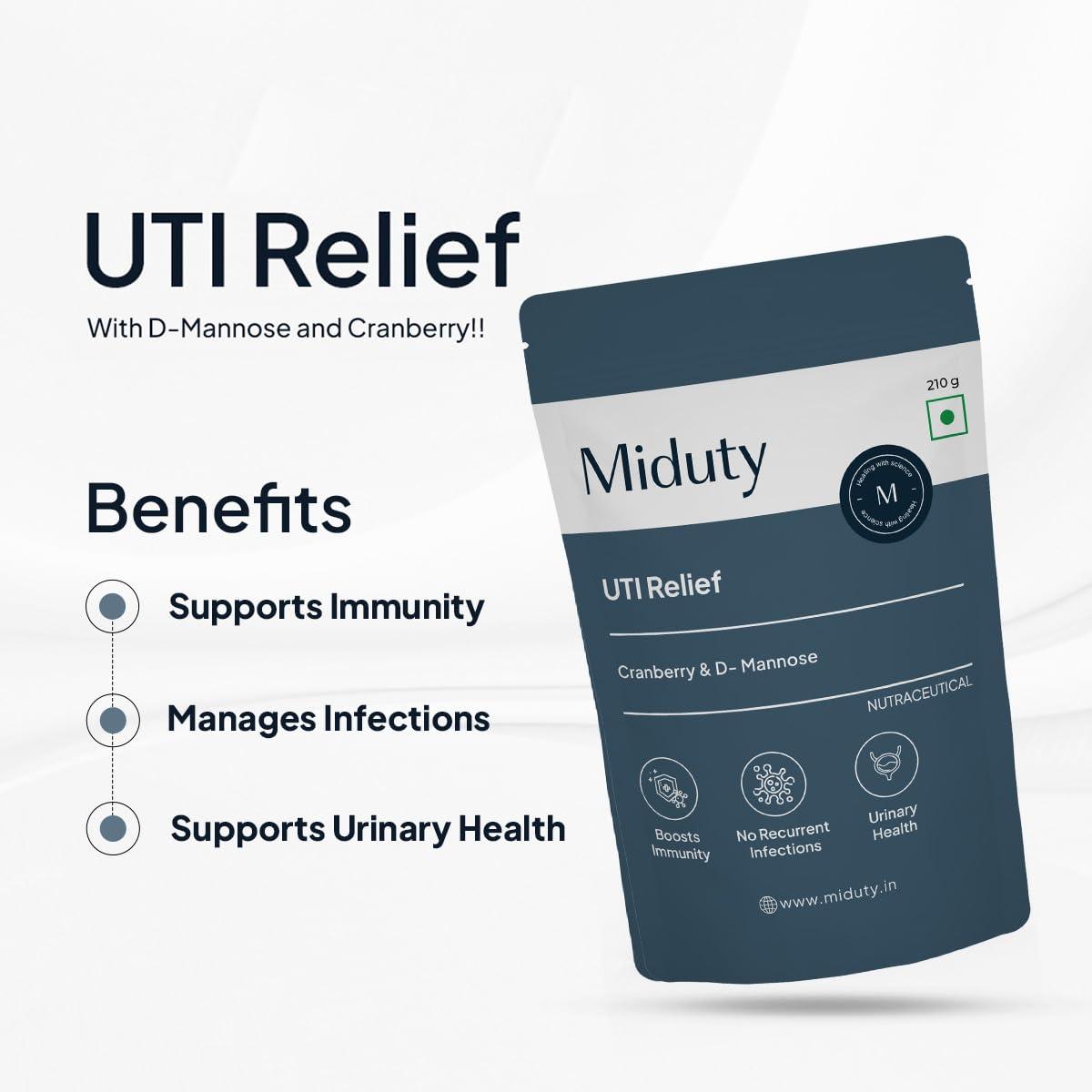 Miduty Miduty by Palak Notes UTI Relief, D-Mannose and Cranberry Supplement Helps in Urinary Tract Infection - Supports Urinary Health - Burning Urine Relief - Vegetarian Formula - 210 Grams